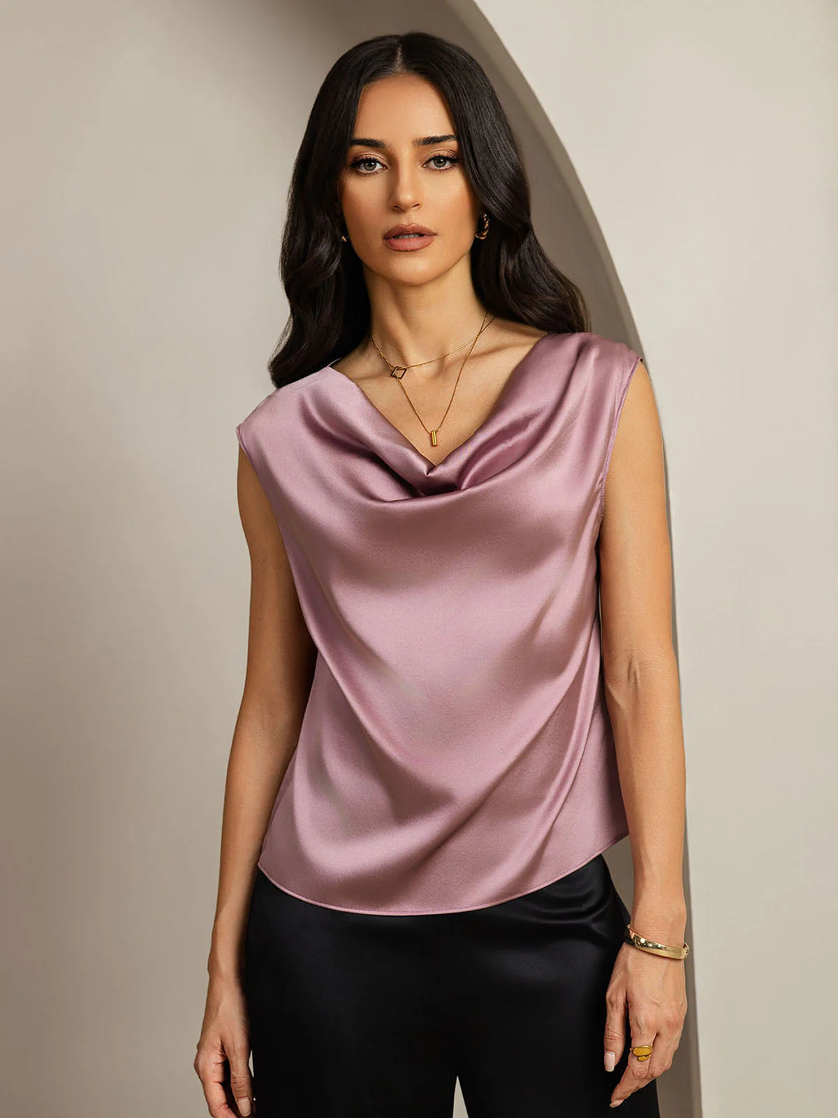 19Momme Women's Silk Cap Sleeve Cowl Neck Top - Image 63