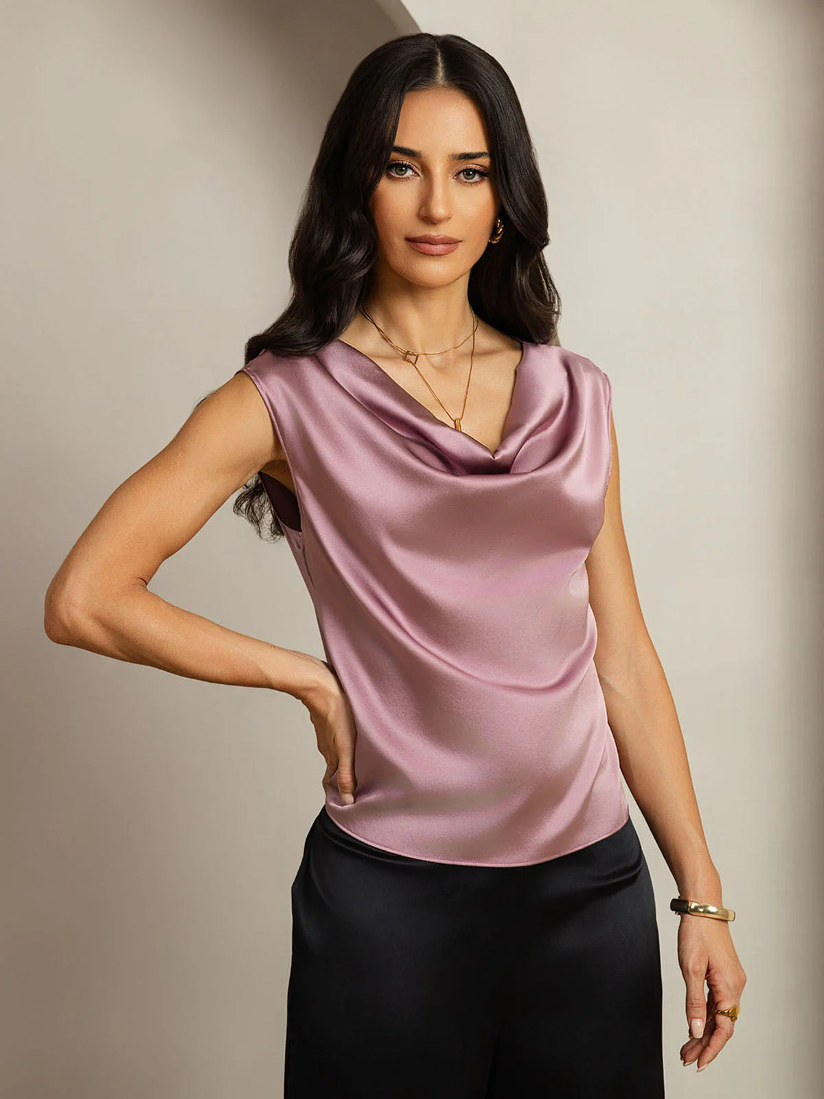 19Momme Women's Silk Cap Sleeve Cowl Neck Top - Image 66