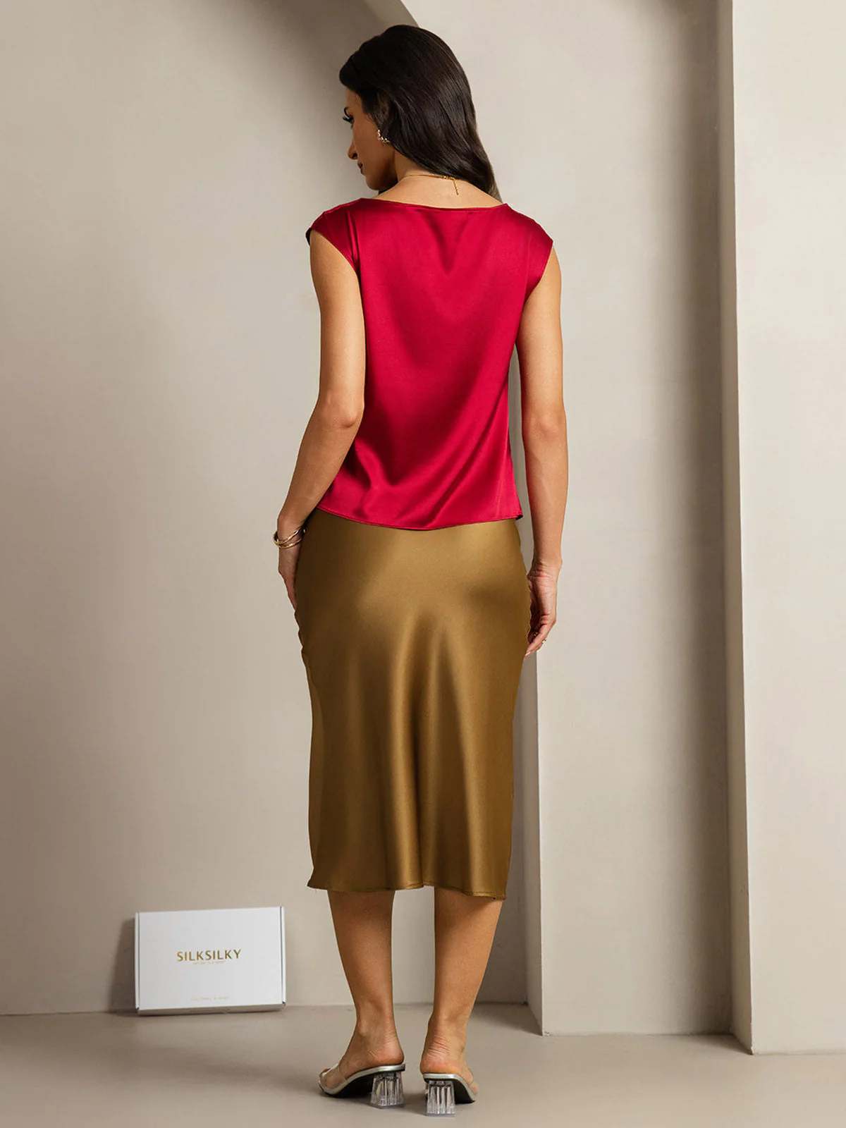 19Momme Women's Silk Cap Sleeve Cowl Neck Top - Image 74