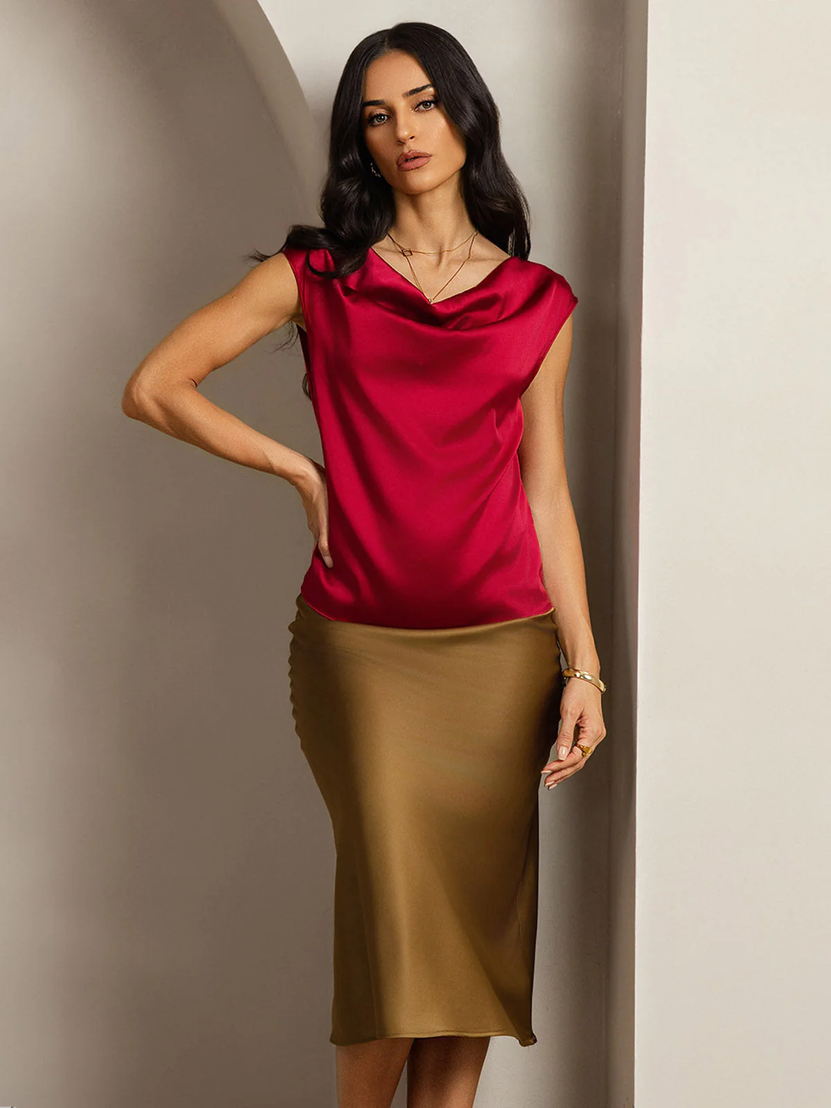 19Momme Women's Silk Cap Sleeve Cowl Neck Top - Image 76