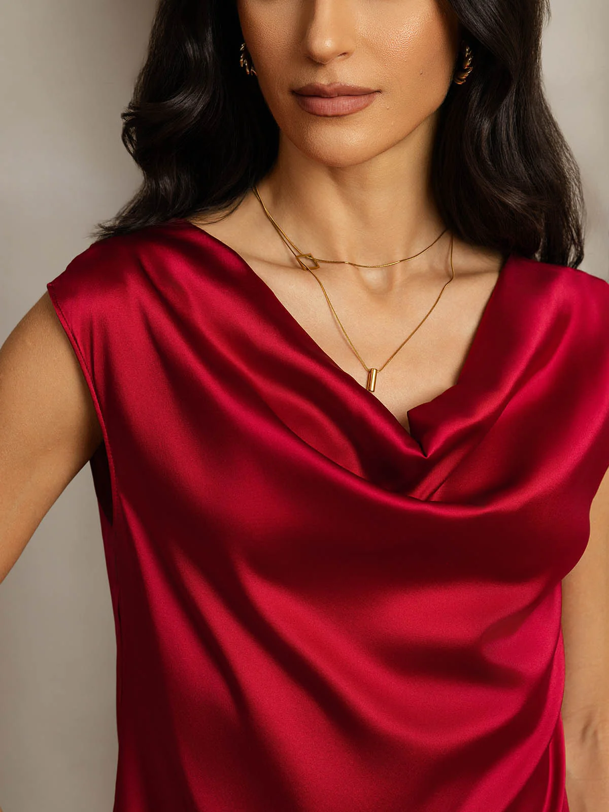 19Momme Women's Silk Cap Sleeve Cowl Neck Top - Image 77
