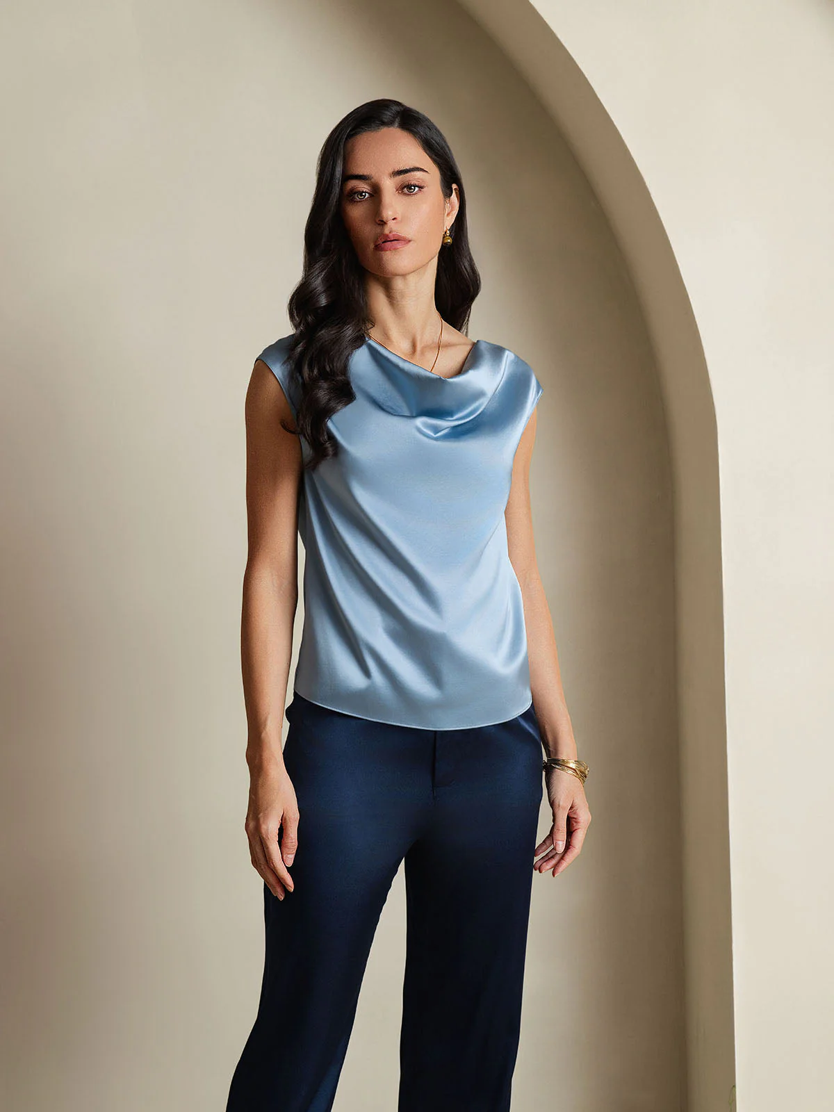 19Momme Women's Silk Cap Sleeve Cowl Neck Top - Image 9
