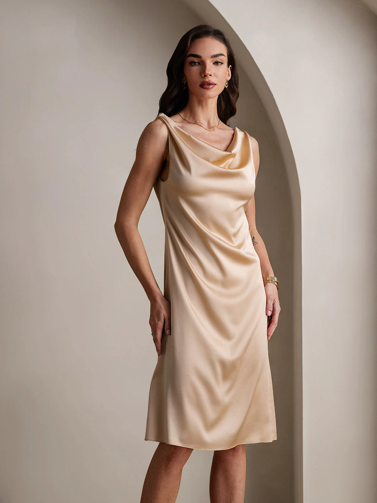 19Momme Silk Sleeveless Cowl Neck Knee Dress - Image 10