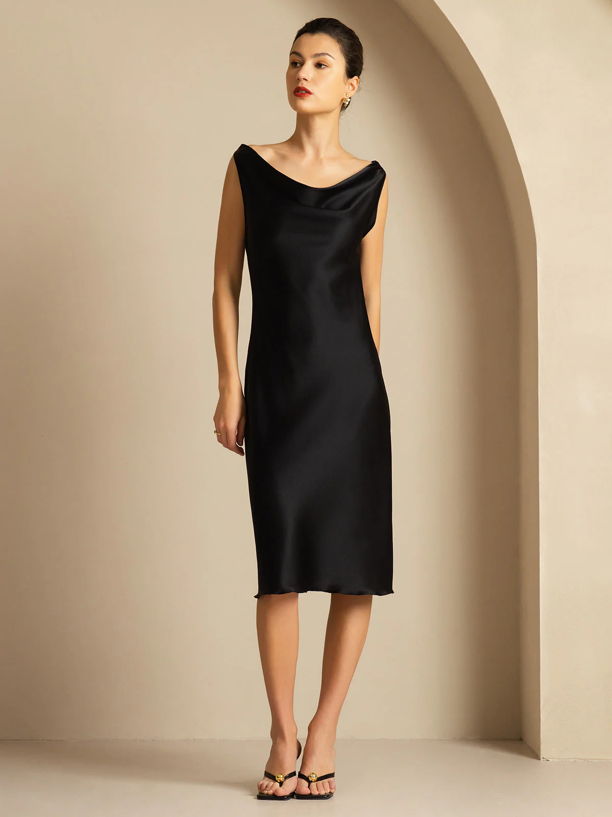 19Momme Silk Sleeveless Cowl Neck Knee Dress - Image 19