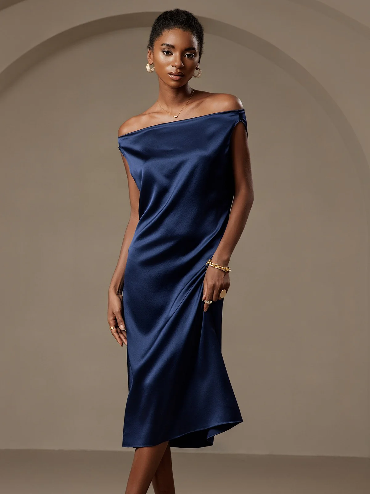 19Momme Silk Sleeveless Cowl Neck Knee Dress - Image 3