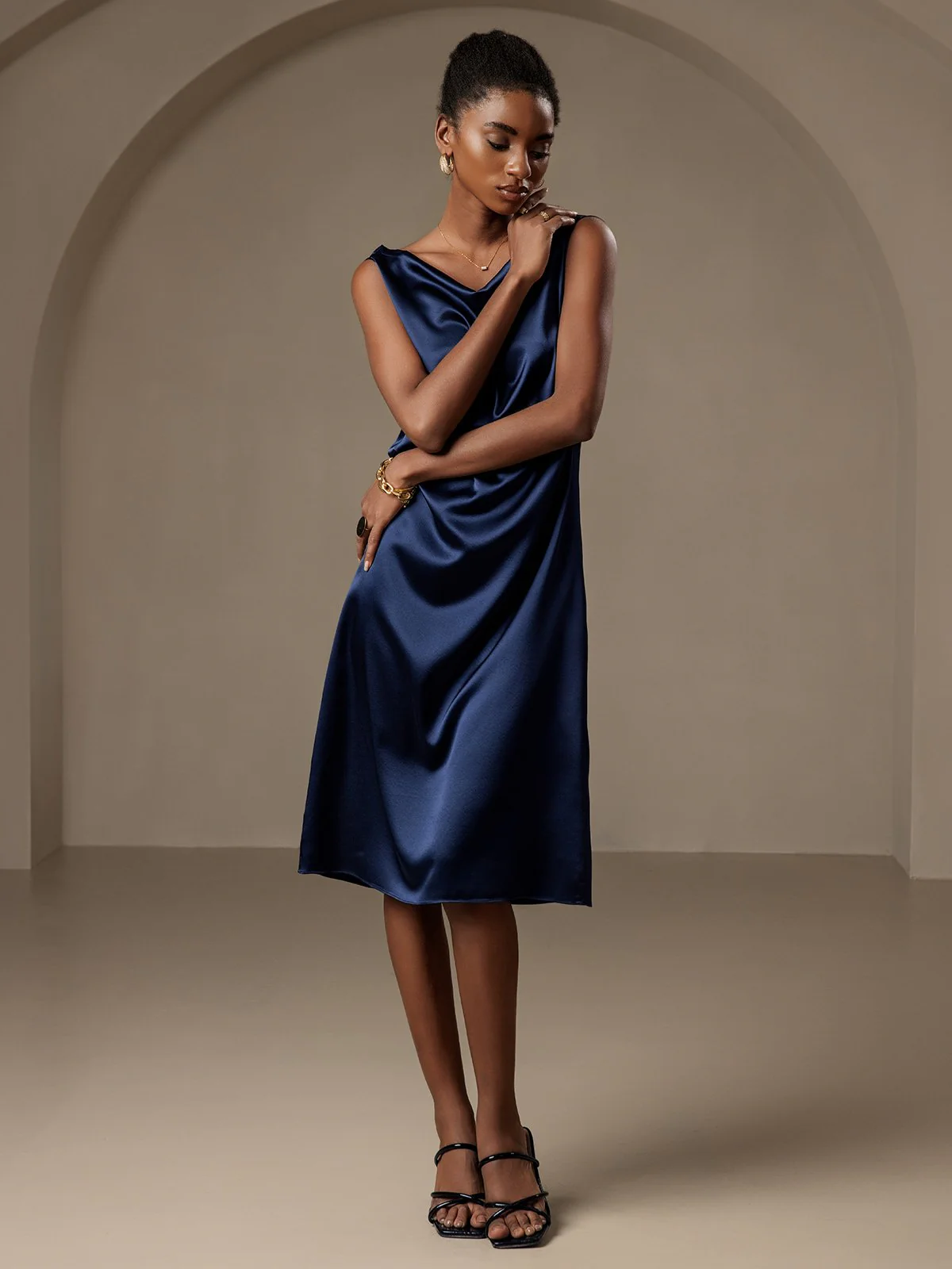 19Momme Silk Sleeveless Cowl Neck Knee Dress - Image 6