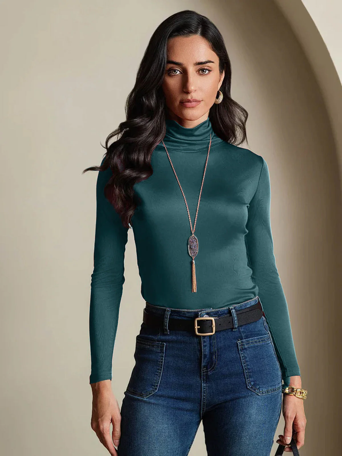 Silk Long Sleeve High Neck Women's Top - Image 39