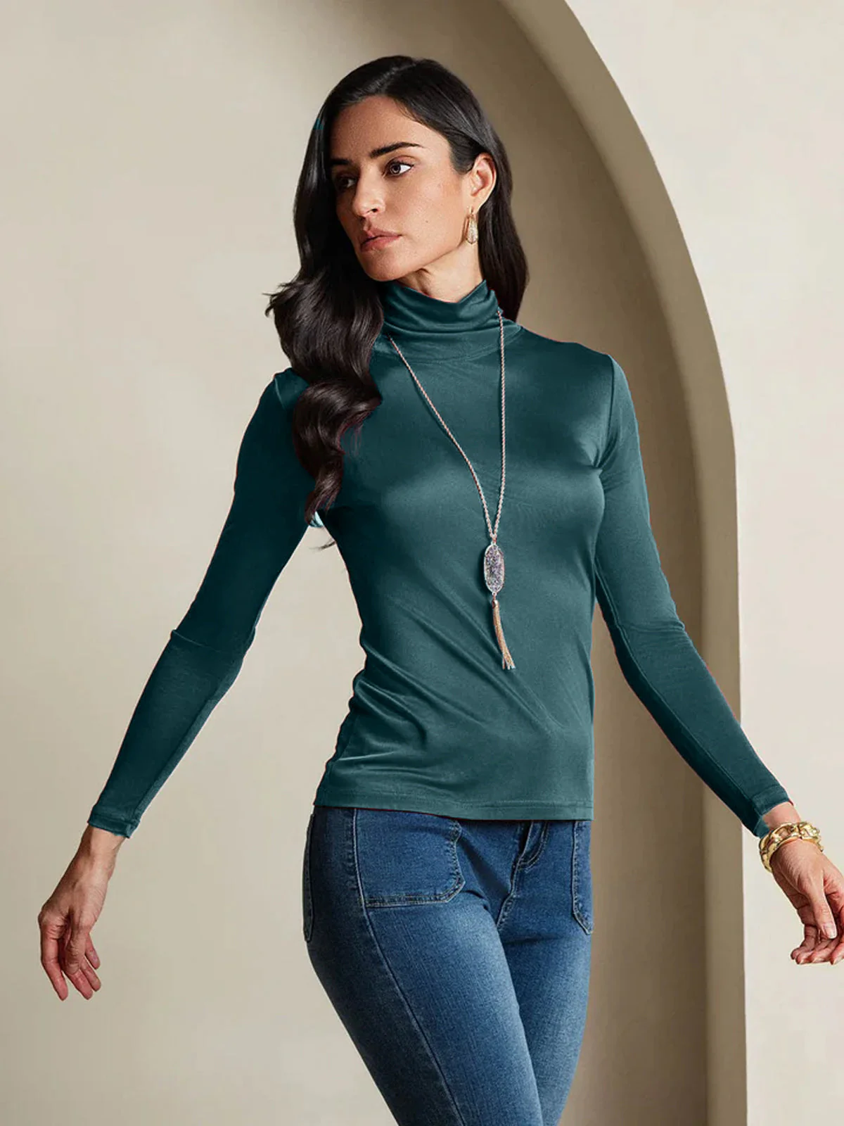 Silk Long Sleeve High Neck Women's Top - Image 41