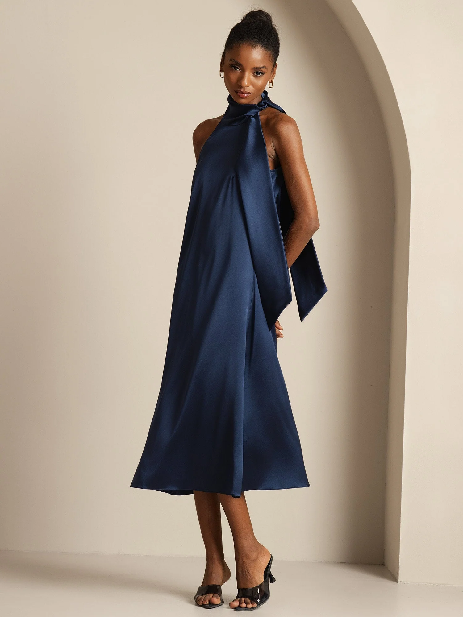 19Momme Silk Sleeveless Tie Neck Midi Dress - Image 18