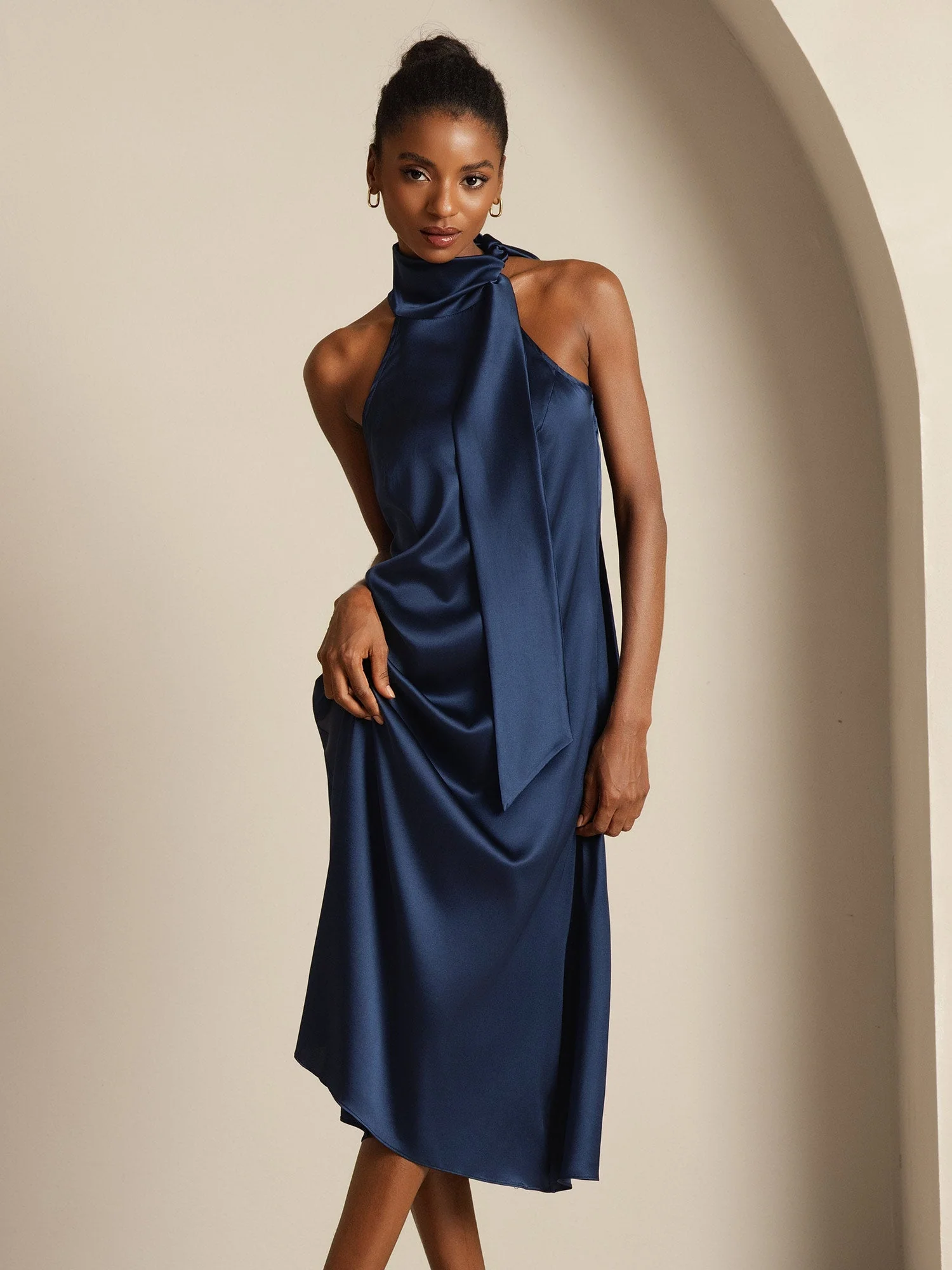 19Momme Silk Sleeveless Tie Neck Midi Dress - Image 21