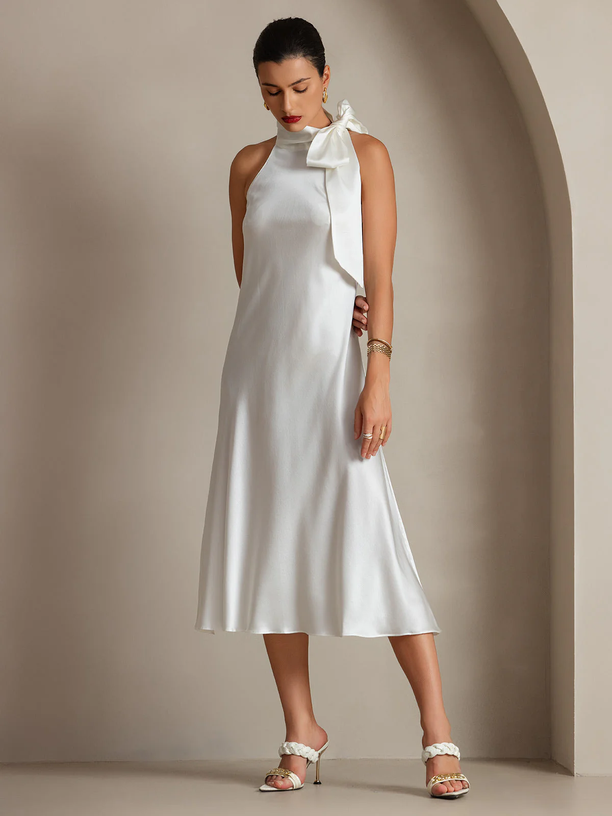 19Momme Silk Sleeveless Tie Neck Midi Dress - Image 25