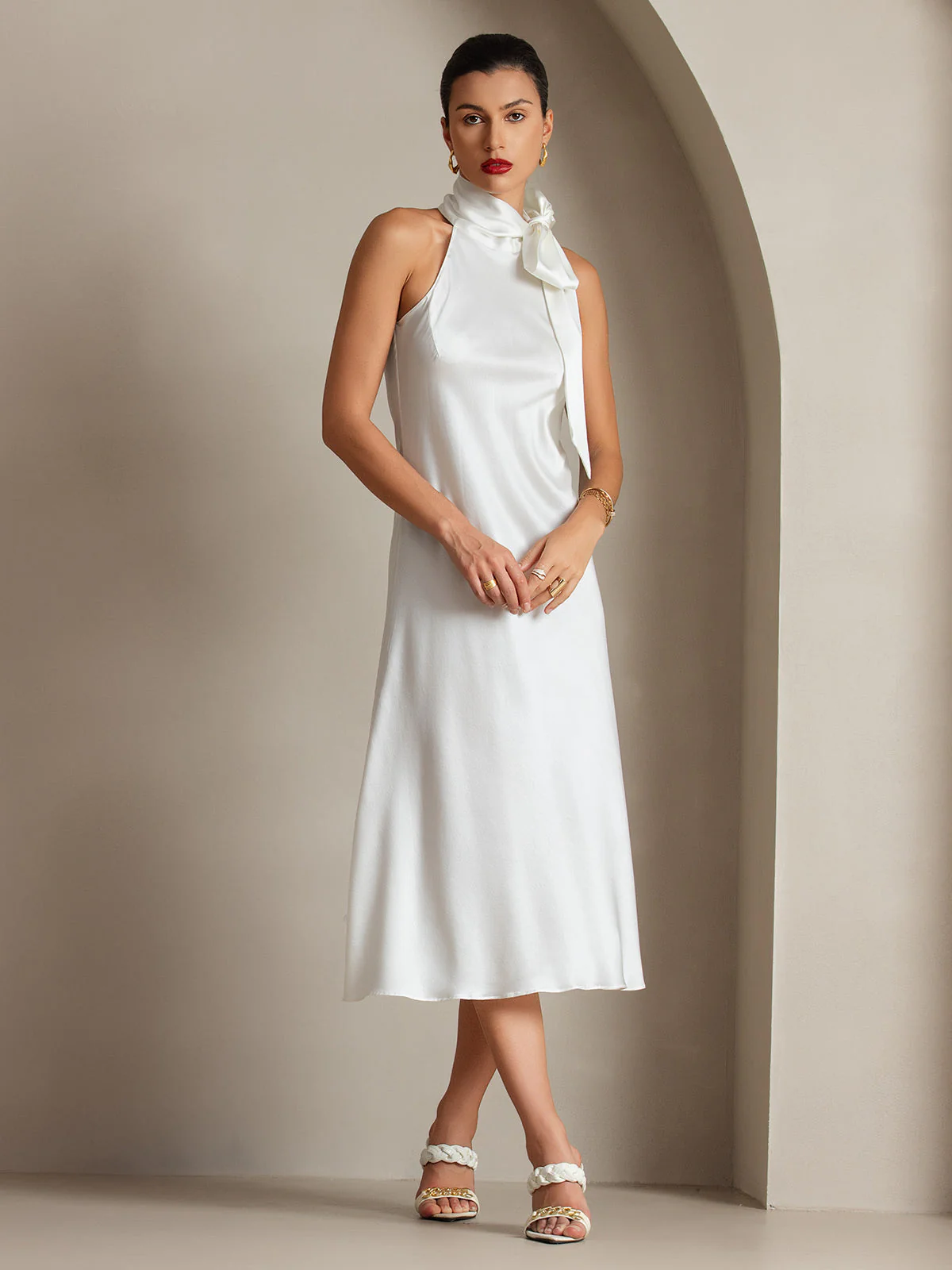 19Momme Silk Sleeveless Tie Neck Midi Dress - Image 29