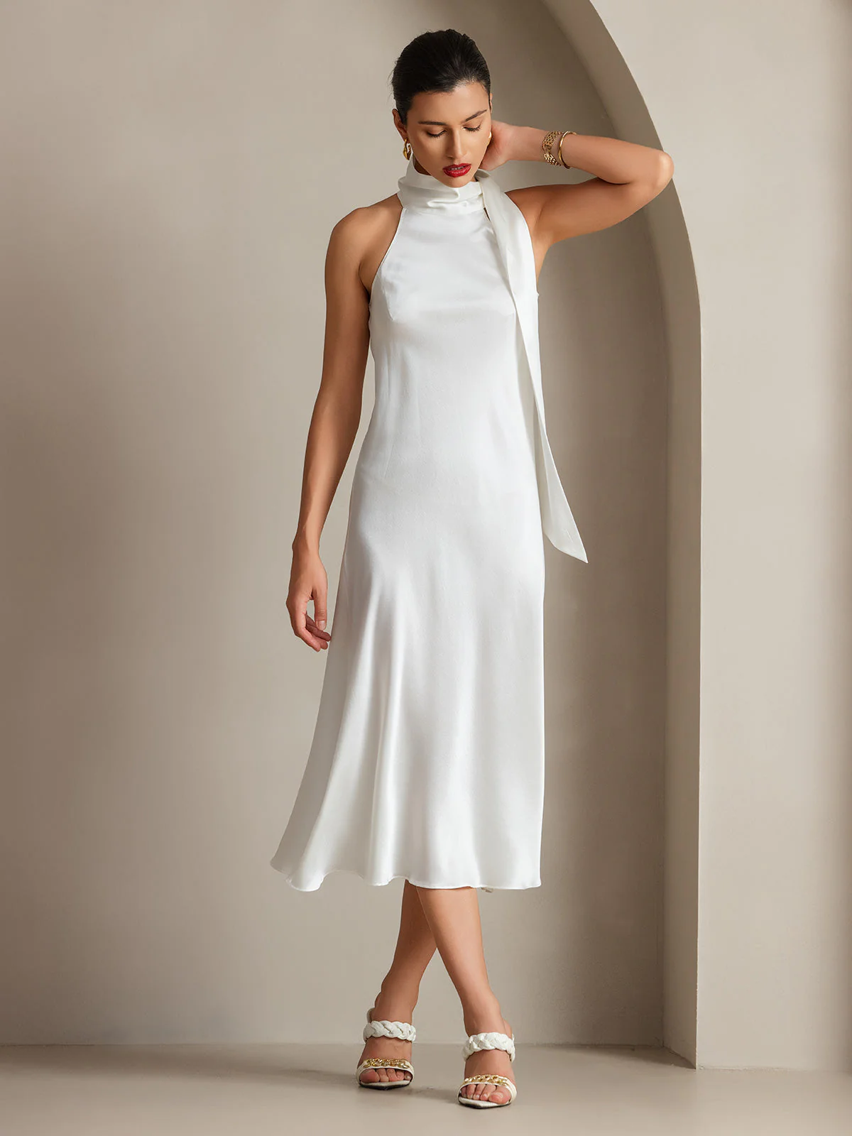 19Momme Silk Sleeveless Tie Neck Midi Dress - Image 31