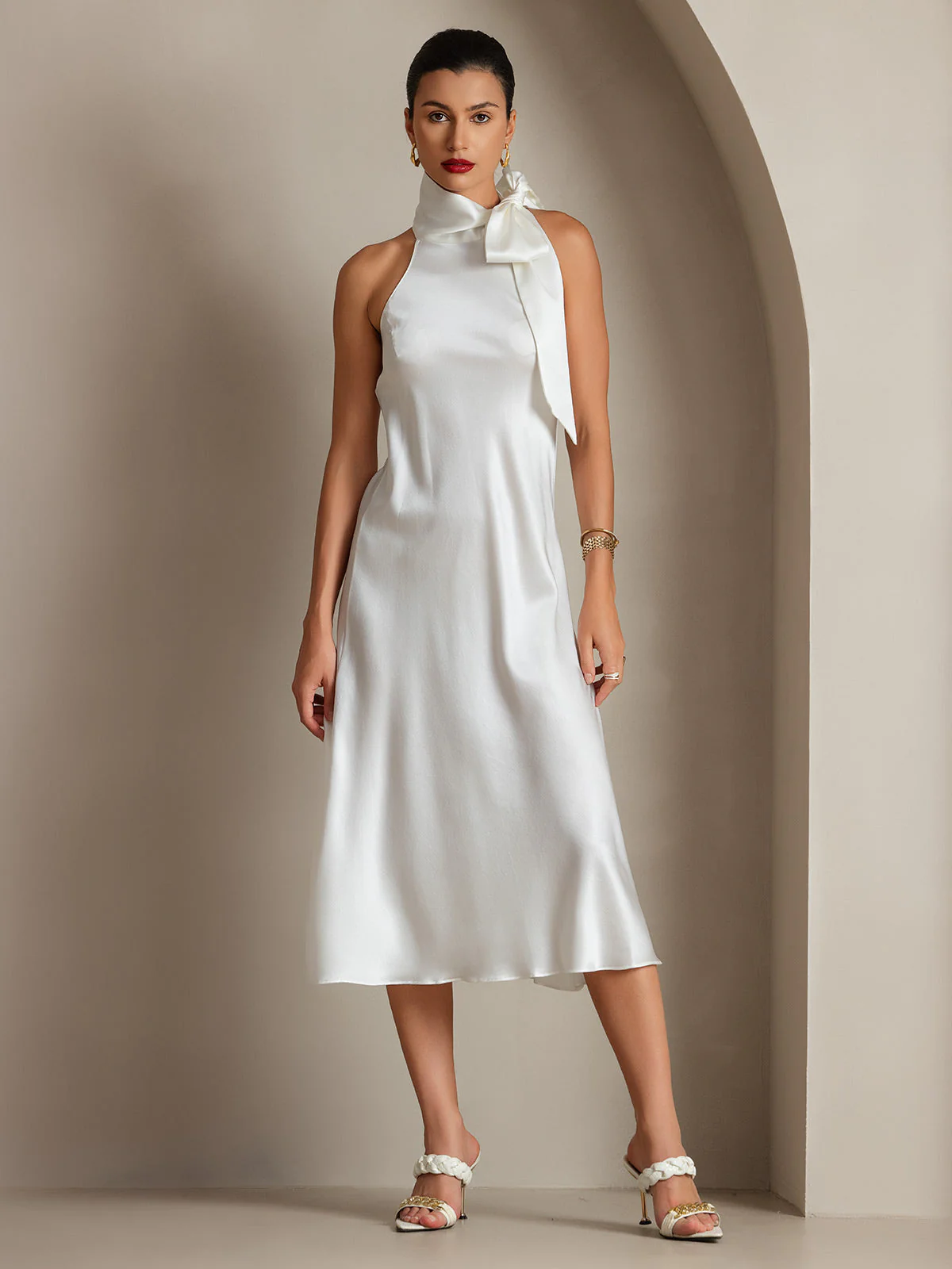 19Momme Silk Sleeveless Tie Neck Midi Dress - Image 32