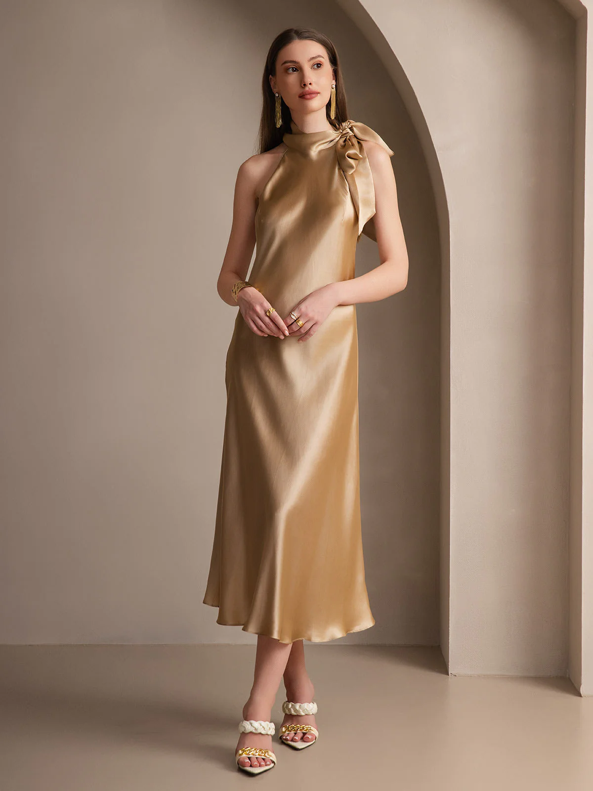 19Momme Silk Sleeveless Tie Neck Midi Dress - Image 33