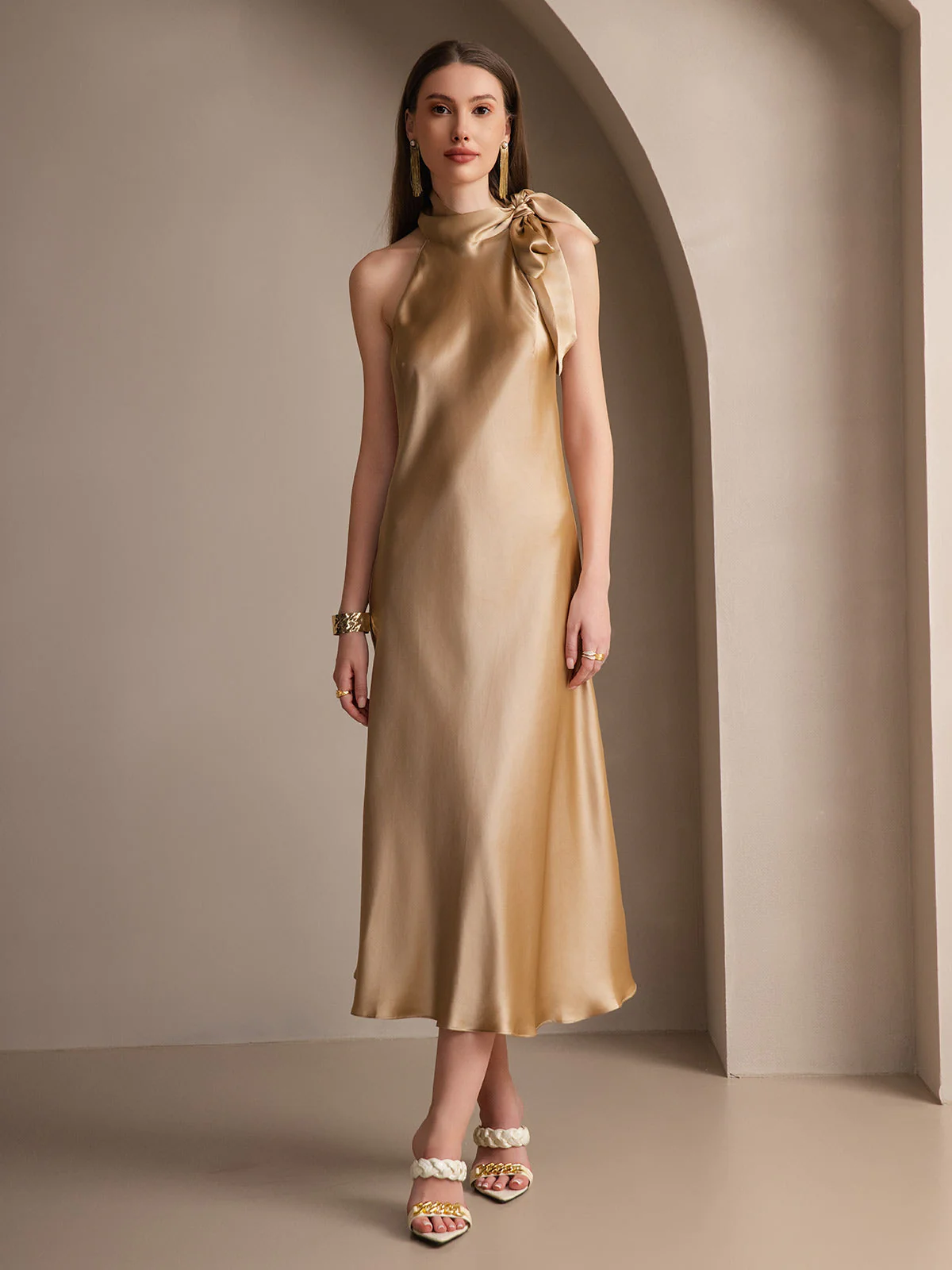 19Momme Silk Sleeveless Tie Neck Midi Dress - Image 37