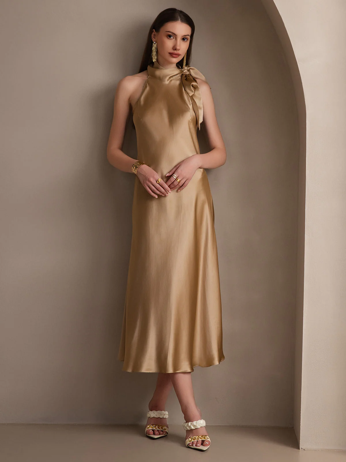 19Momme Silk Sleeveless Tie Neck Midi Dress - Image 40