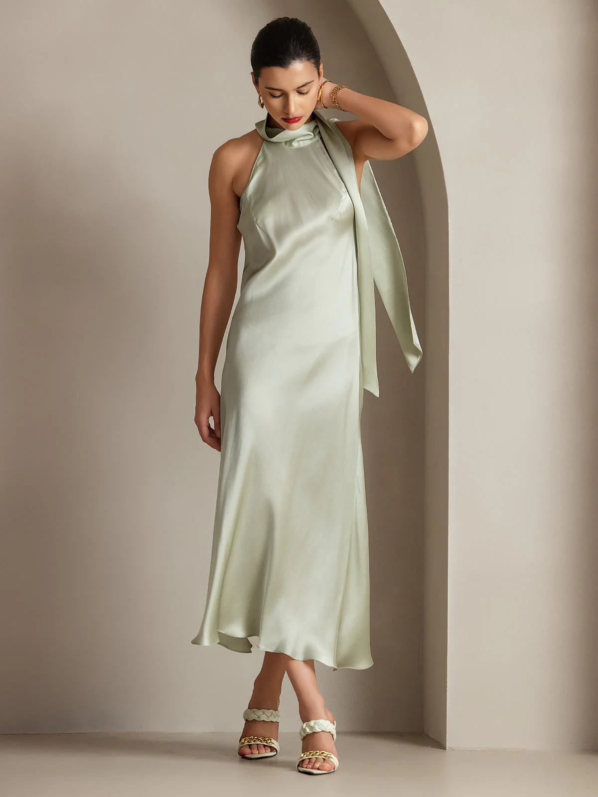19Momme Silk Sleeveless Tie Neck Midi Dress - Image 45