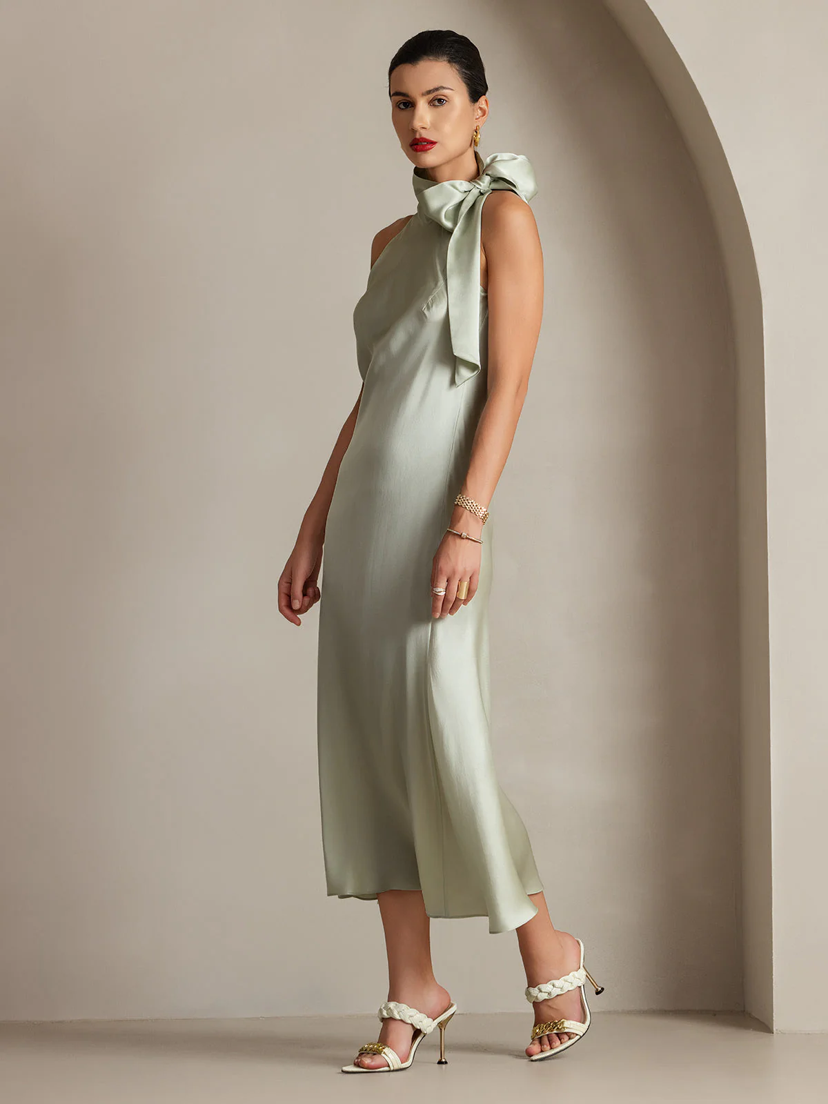 19Momme Silk Sleeveless Tie Neck Midi Dress - Image 46