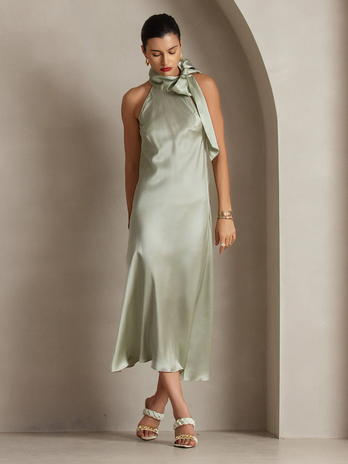19Momme Silk Sleeveless Tie Neck Midi Dress - Image 47