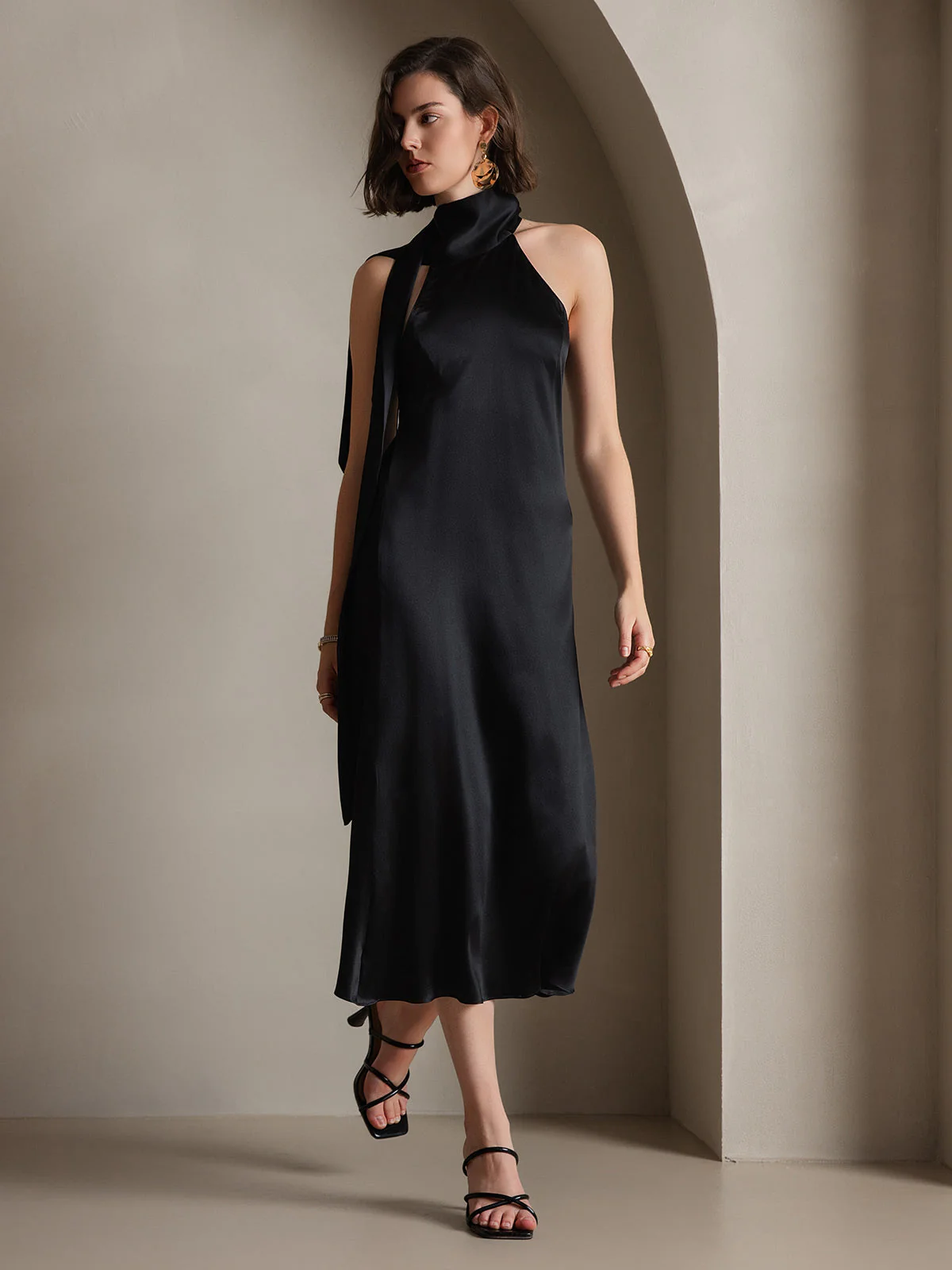 19Momme Silk Sleeveless Tie Neck Midi Dress - Image 54