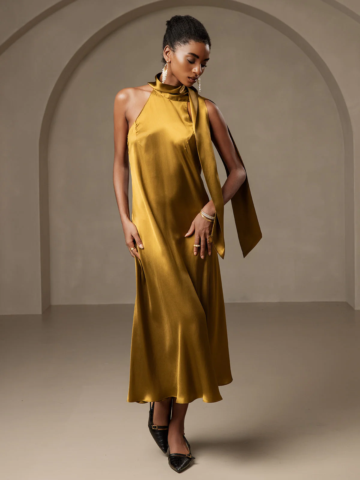 19Momme Silk Sleeveless Tie Neck Midi Dress - Image 56