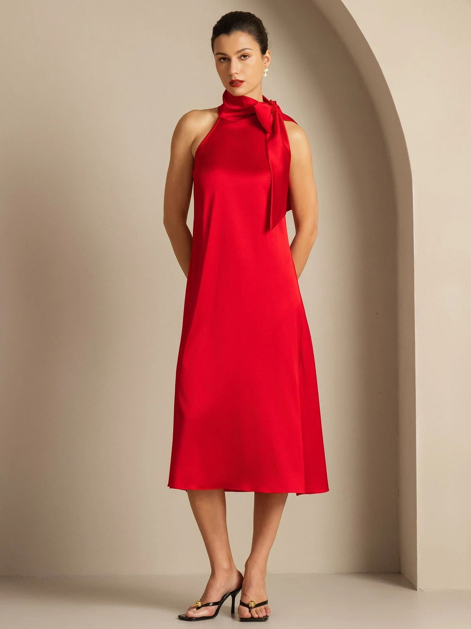 19Momme Silk Sleeveless Tie Neck Midi Dress - Image 9