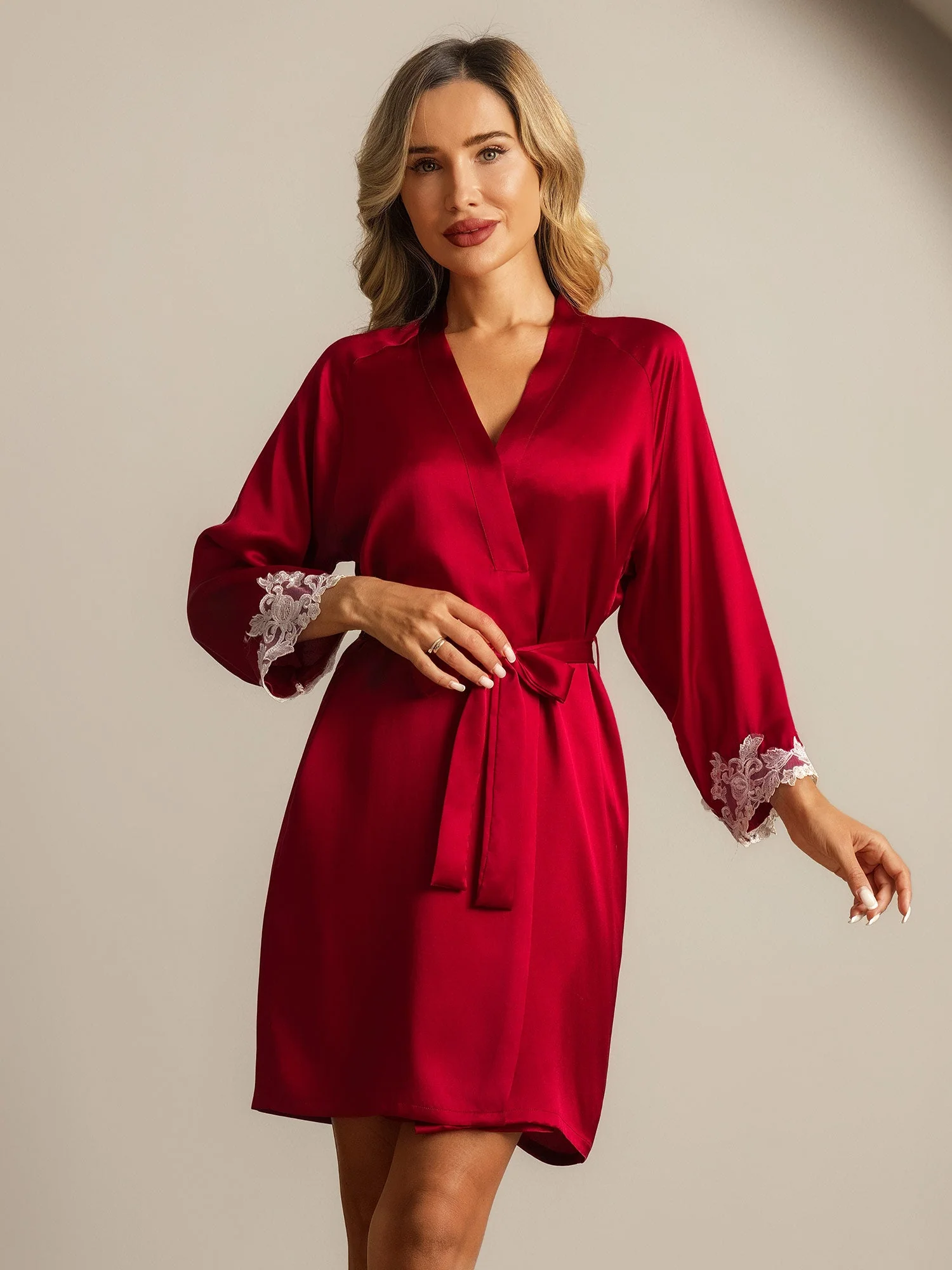 Silk Lace Cuffs Robe Wrap Kimono Belted with 3/4 Sleeves - Image 10