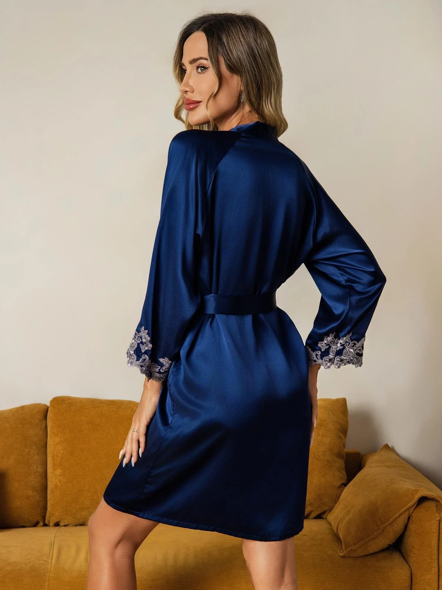 Silk Lace Cuffs Robe Wrap Kimono Belted with 3/4 Sleeves - Image 13