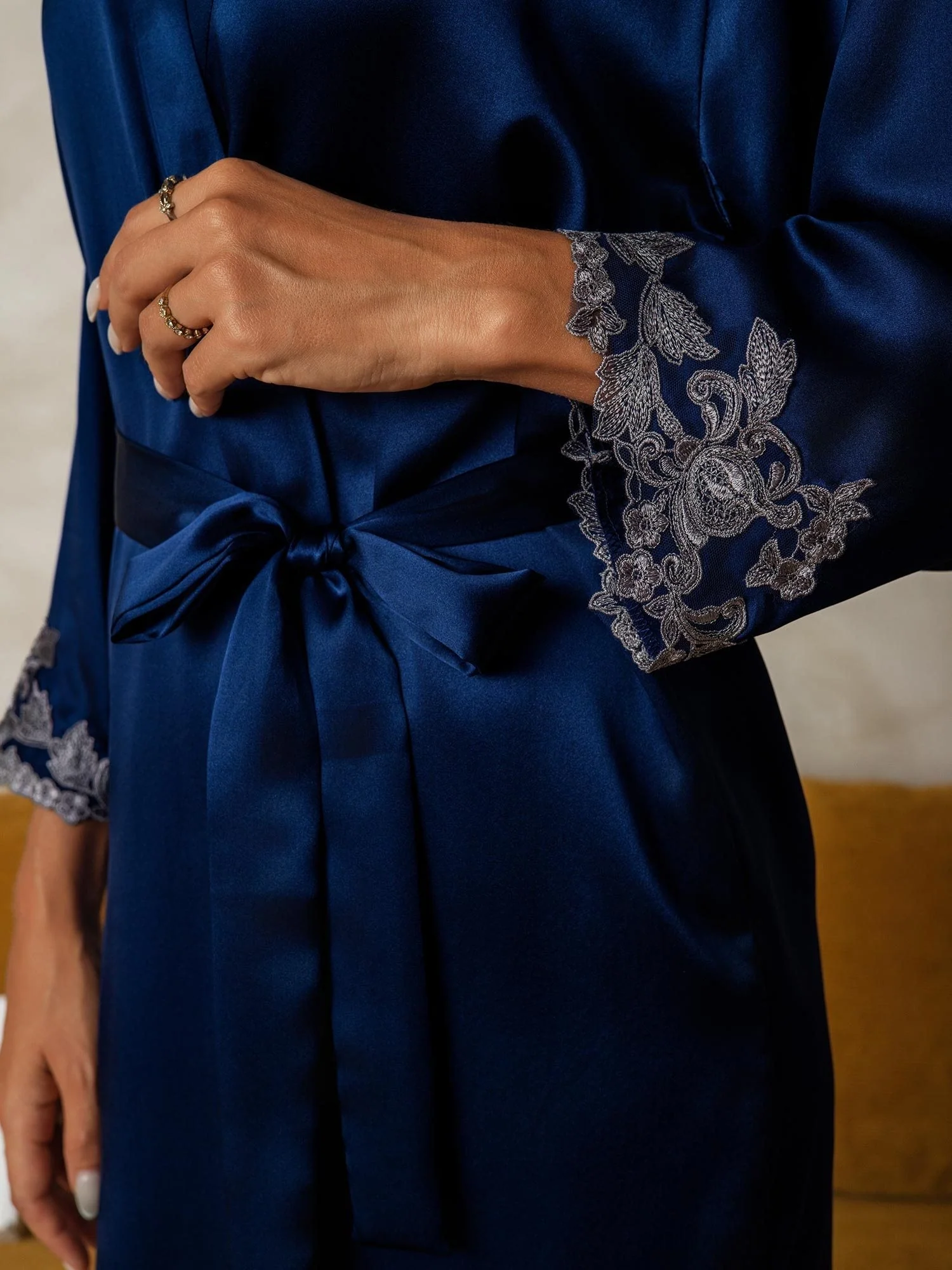 Silk Lace Cuffs Robe Wrap Kimono Belted with 3/4 Sleeves - Image 14