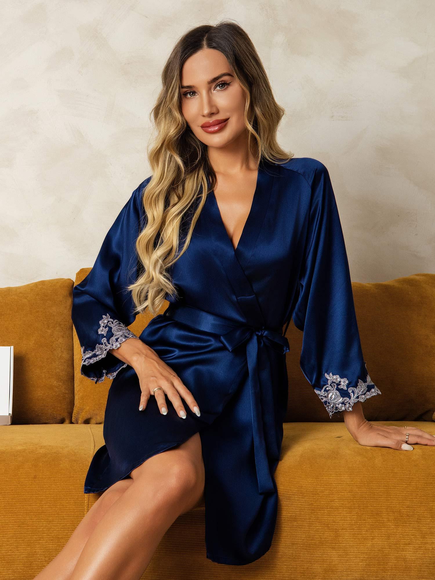 Silk Lace Cuffs Robe Wrap Kimono Belted with 3/4 Sleeves - Image 15