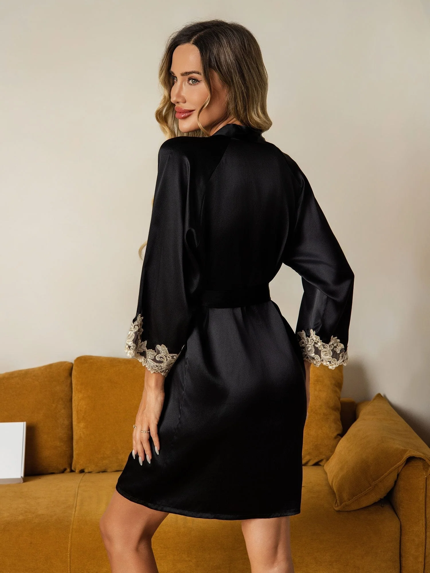 Silk Lace Cuffs Robe Wrap Kimono Belted with 3/4 Sleeves - Image 19