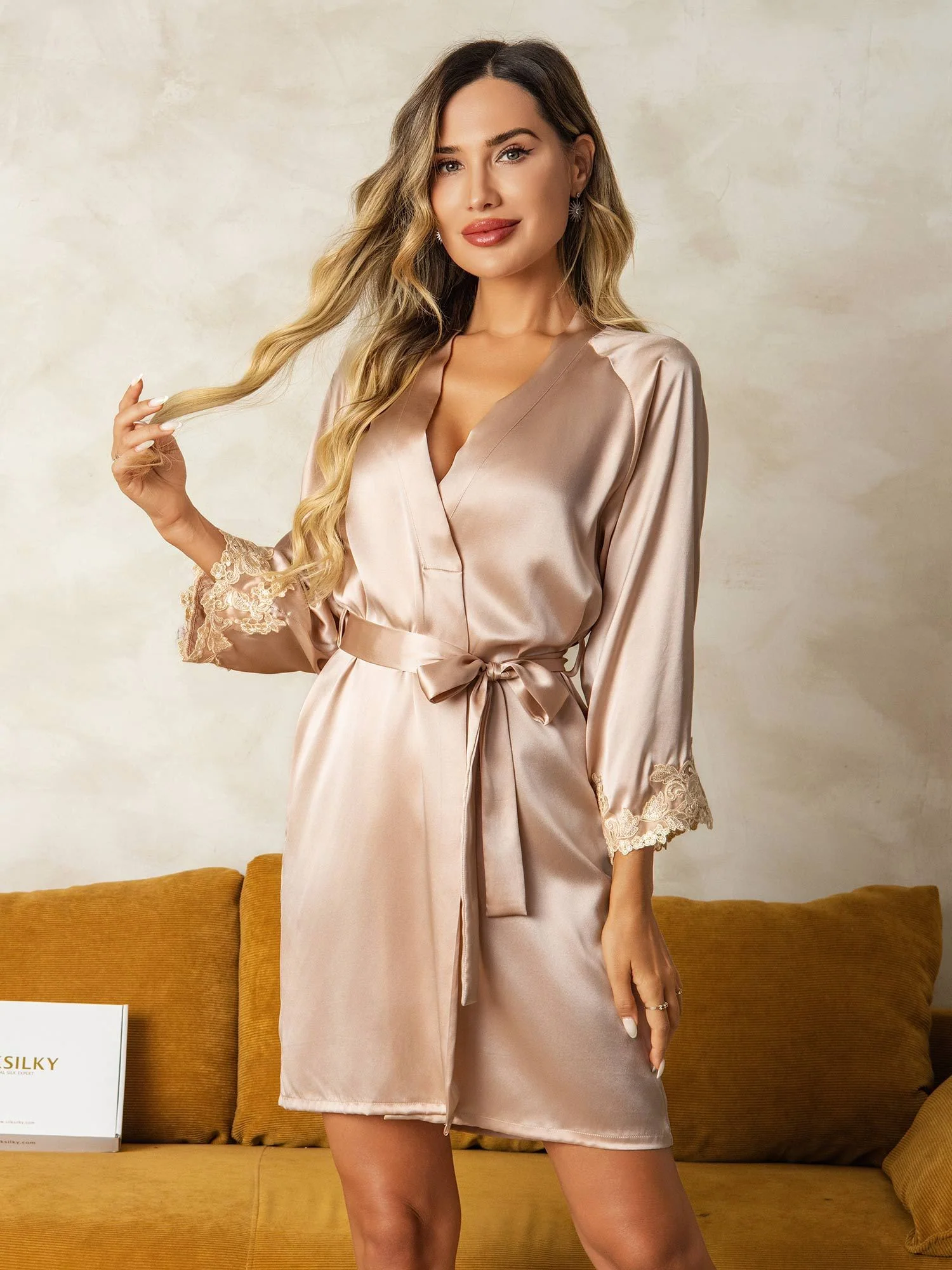 Silk Lace Cuffs Robe Wrap Kimono Belted with 3/4 Sleeves - Image 3