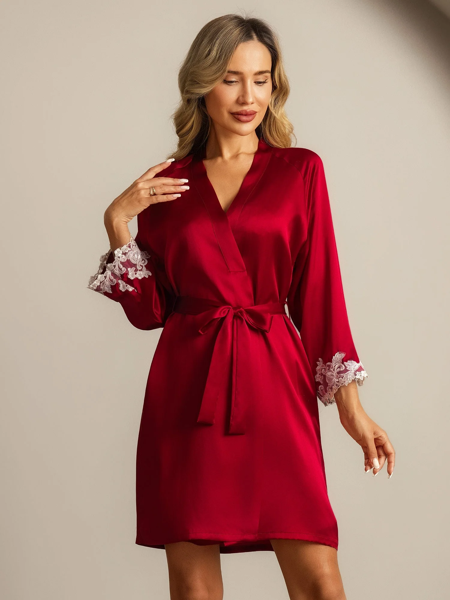 Silk Lace Cuffs Robe Wrap Kimono Belted with 3/4 Sleeves - Image 7
