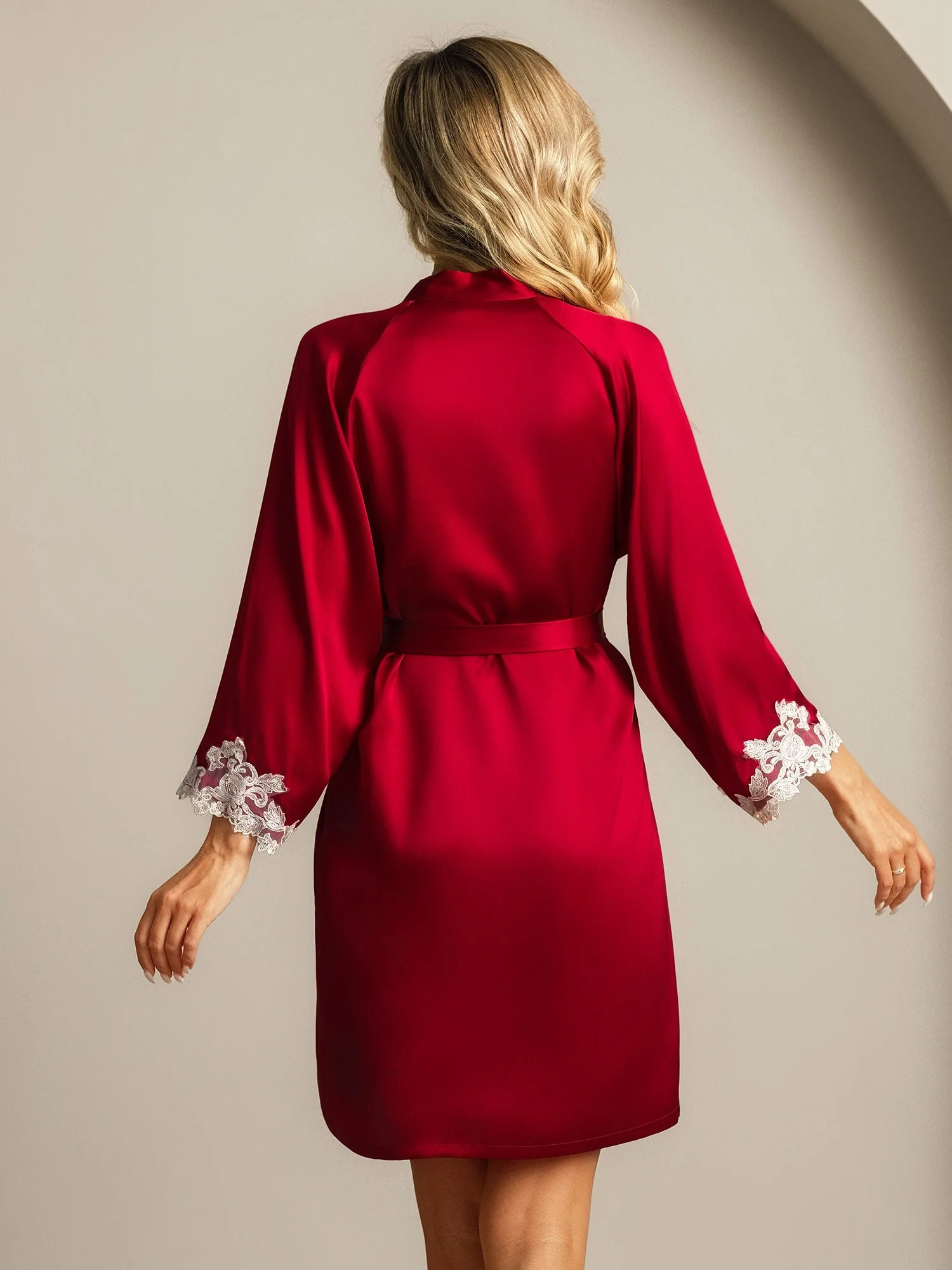 Silk Lace Cuffs Robe Wrap Kimono Belted with 3/4 Sleeves - Image 8