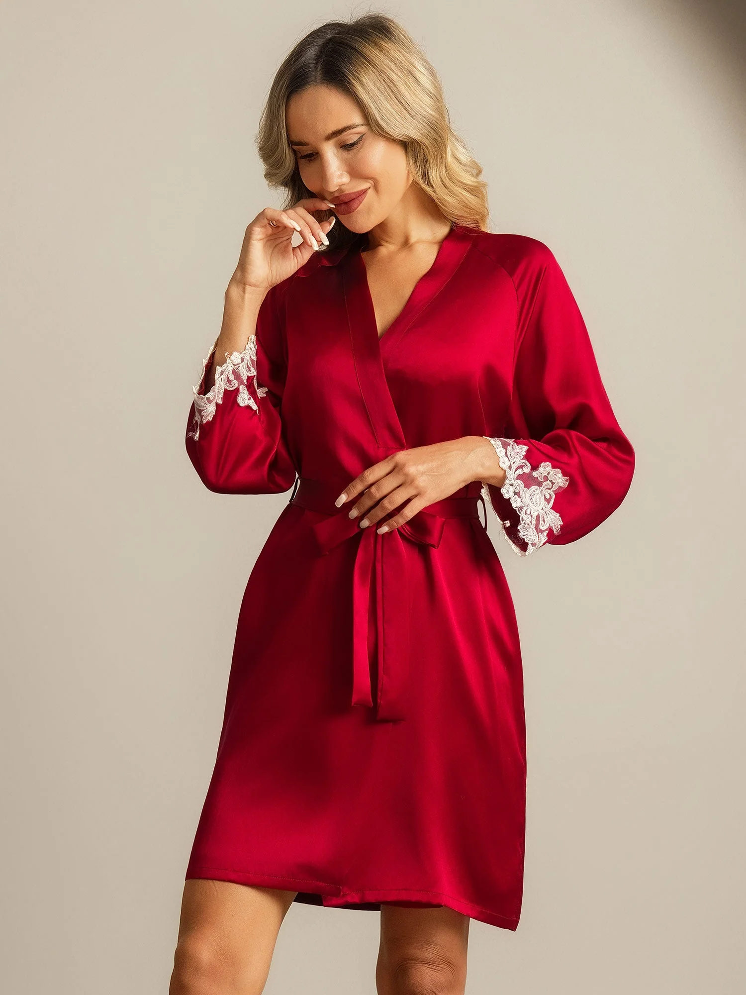 Silk Lace Cuffs Robe Wrap Kimono Belted with 3/4 Sleeves - Image 9