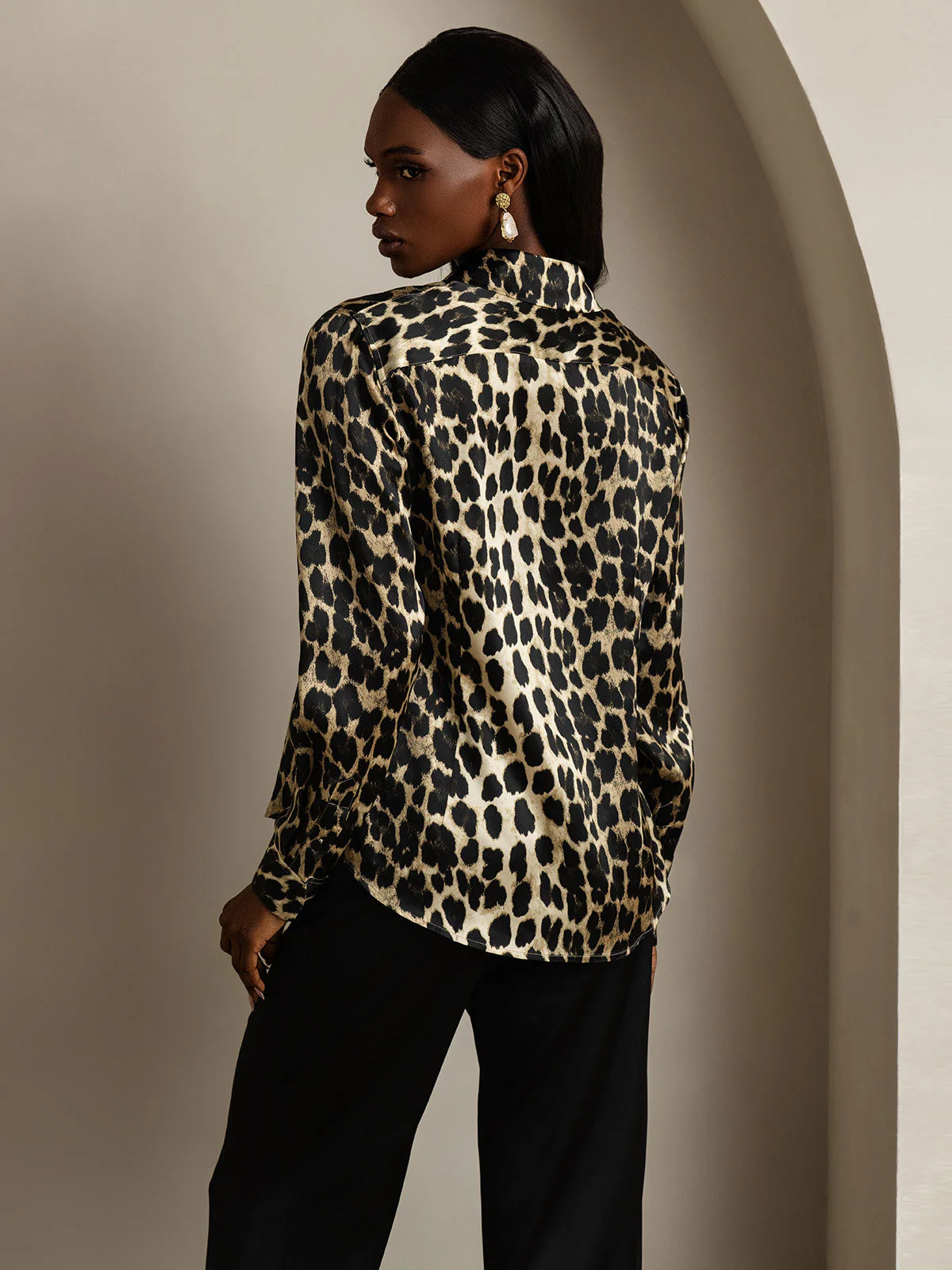 19Momme Silk Leopard Print Long Sleeve Lapel Collar Women's Shirt - Image 2