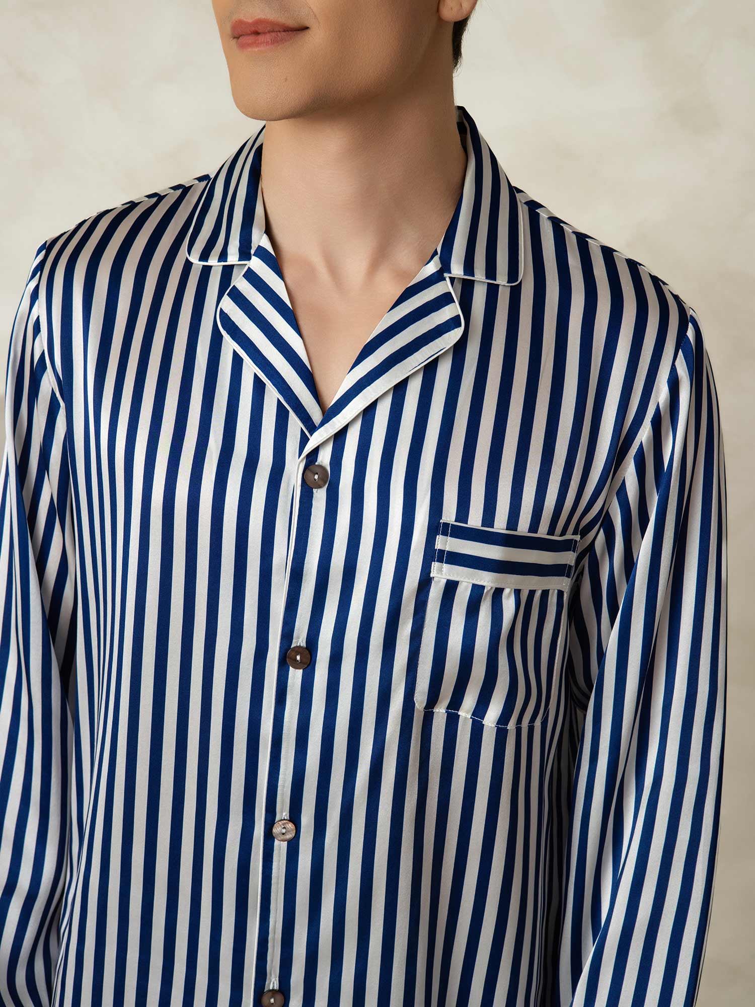 Men's Pure Silk Stripe Print Long Sleeve Notch Collar Pajamas Set - Image 6