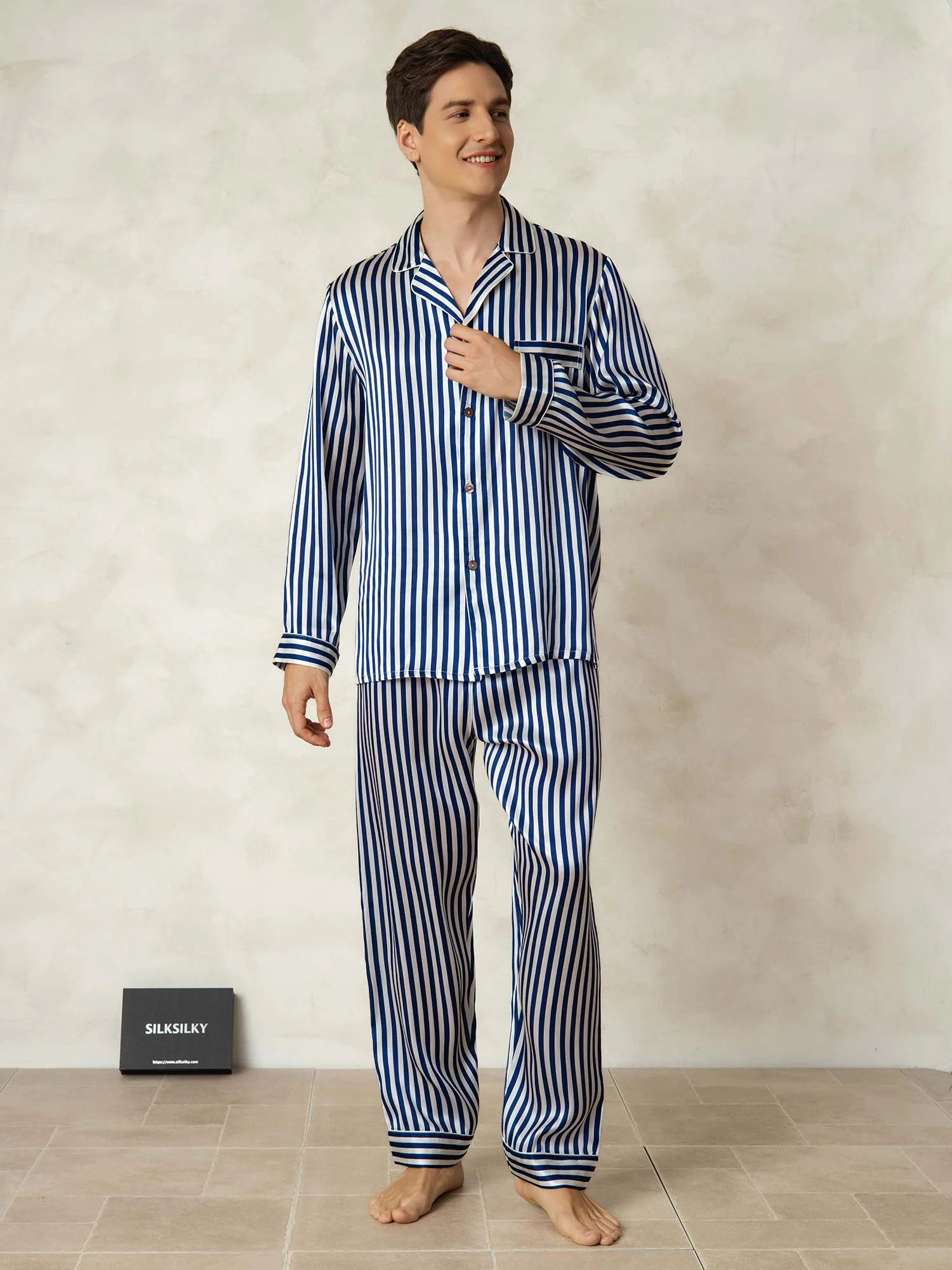 Men's Pure Silk Stripe Print Long Sleeve Notch Collar Pajamas Set - Image 7