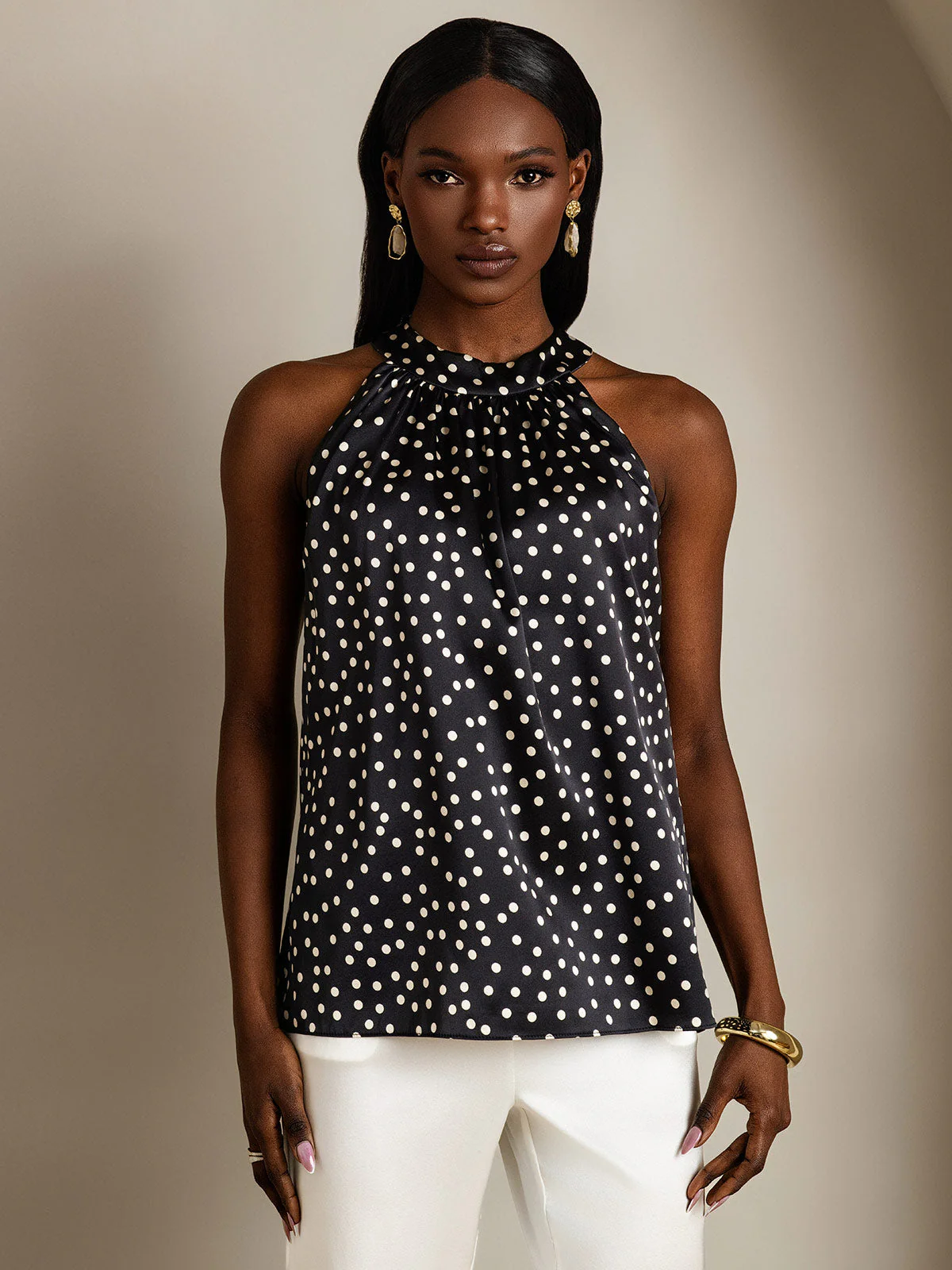 19Momme Women's Silk Polka Dot Print Sleeveless Halter Neck Top - Image 3