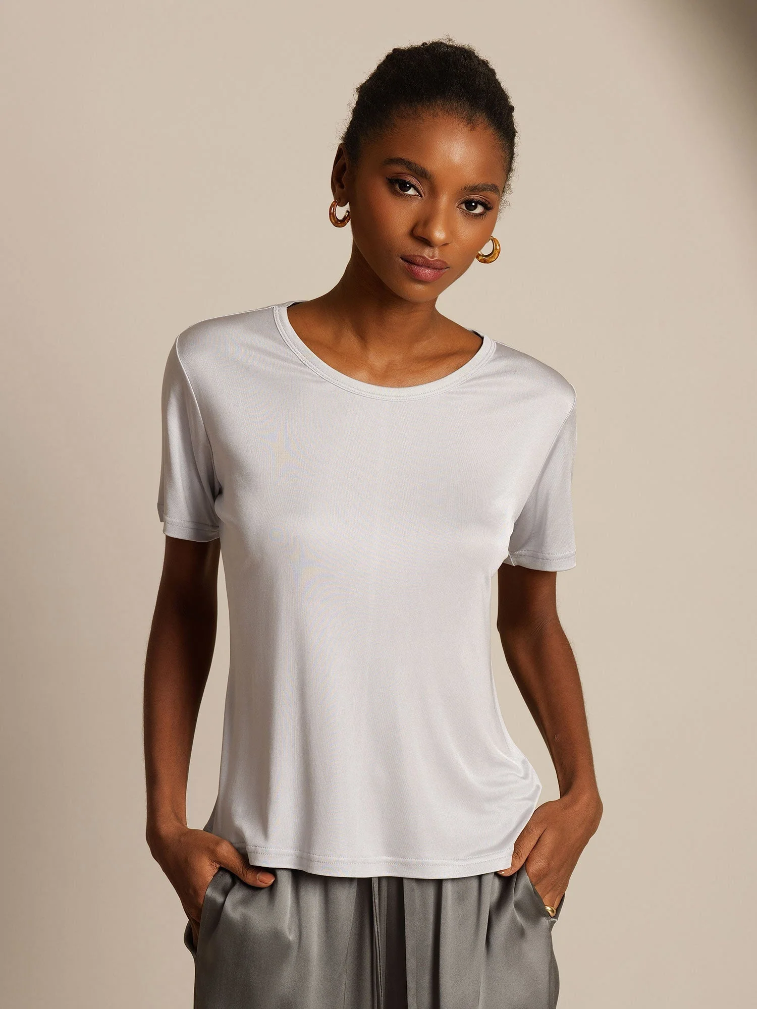 Women's Pure Silk Jersey Short Sleeve Round Neck T-Shirt - Image 16