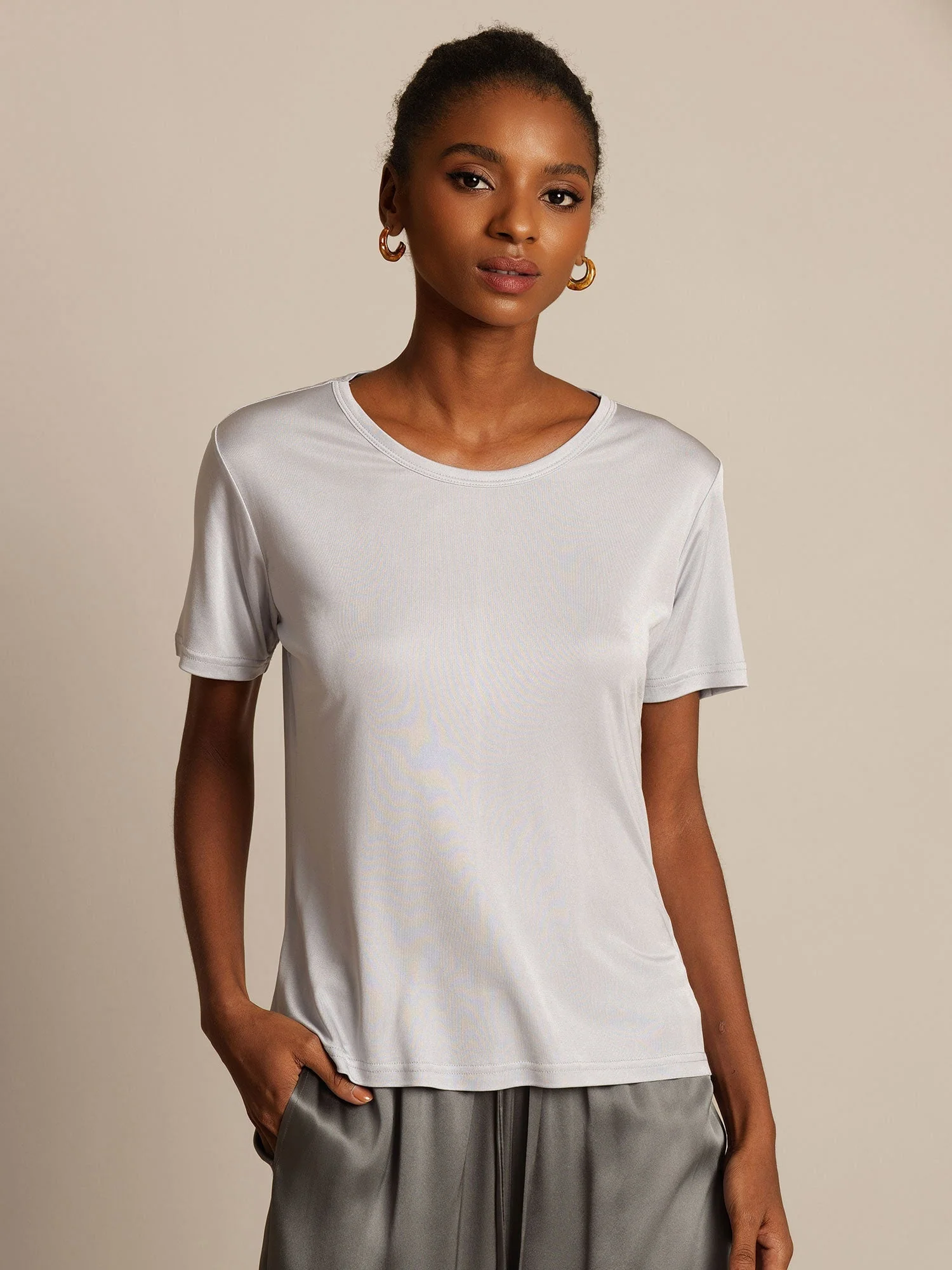 Women's Pure Silk Jersey Short Sleeve Round Neck T-Shirt - Image 20