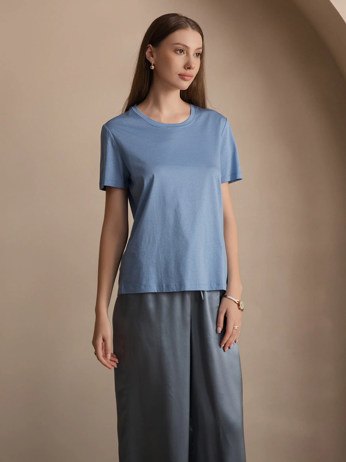 Women's Pure Silk Jersey Short Sleeve Round Neck T-Shirt - Image 23
