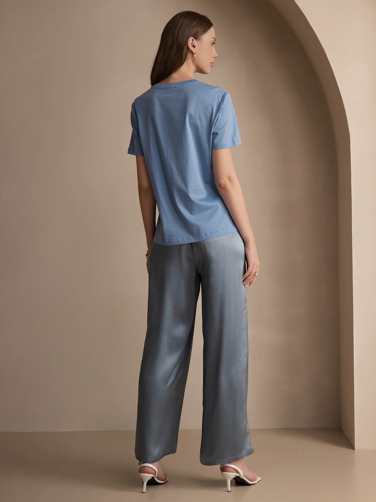 Women's Pure Silk Jersey Short Sleeve Round Neck T-Shirt - Image 24