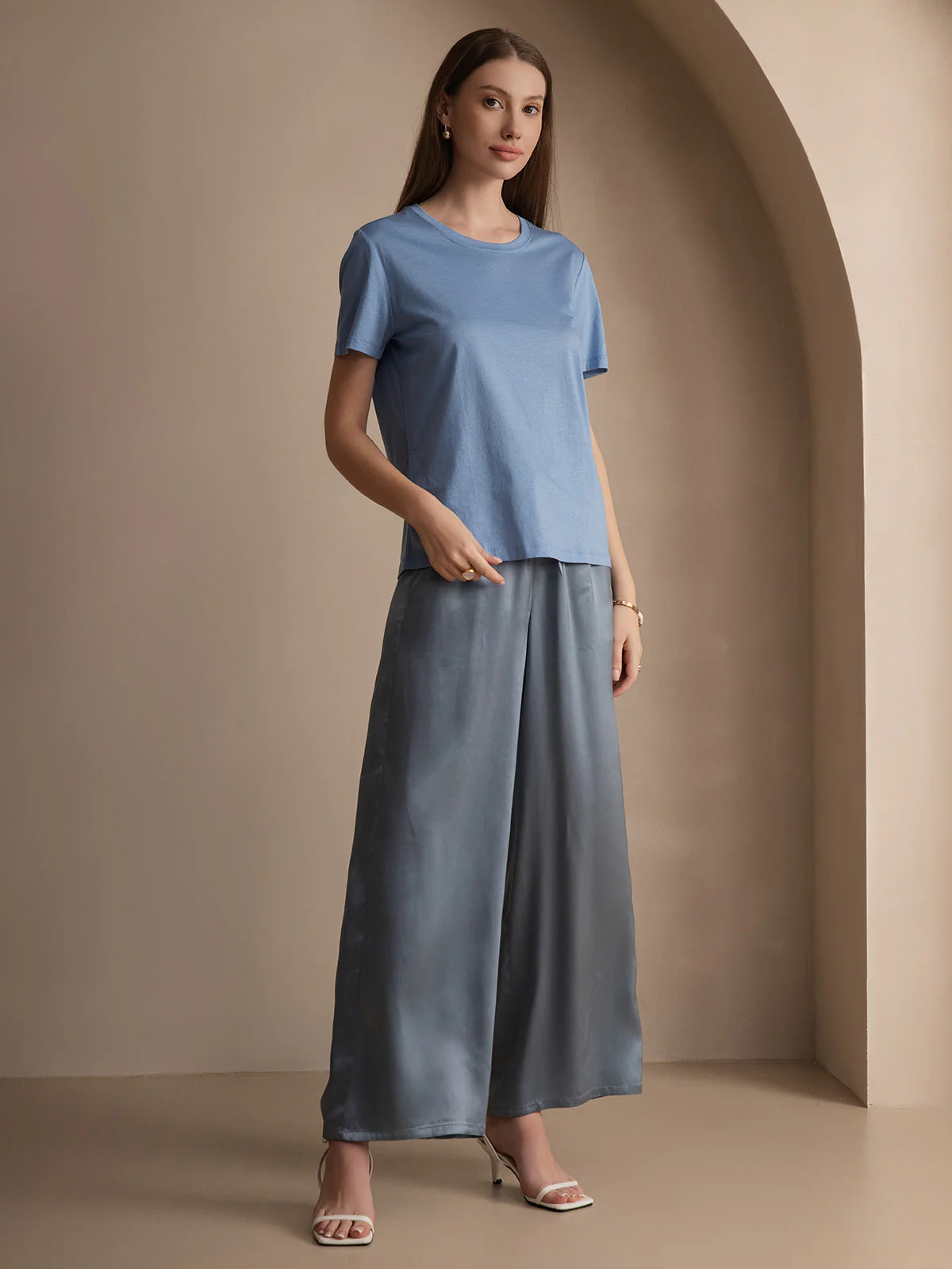 Women's Pure Silk Jersey Short Sleeve Round Neck T-Shirt - Image 25