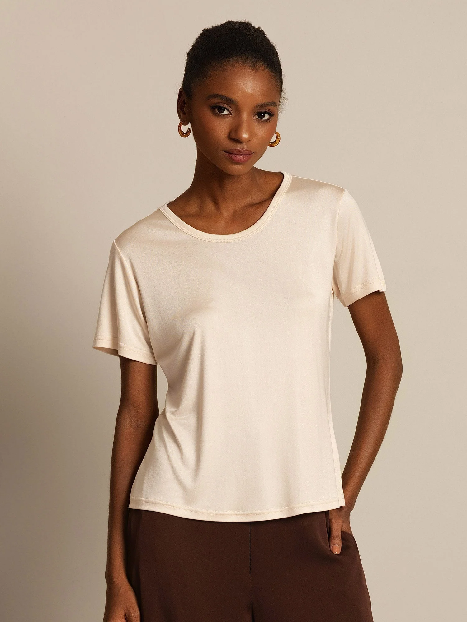 Women's Pure Silk Jersey Short Sleeve Round Neck T-Shirt - Image 33