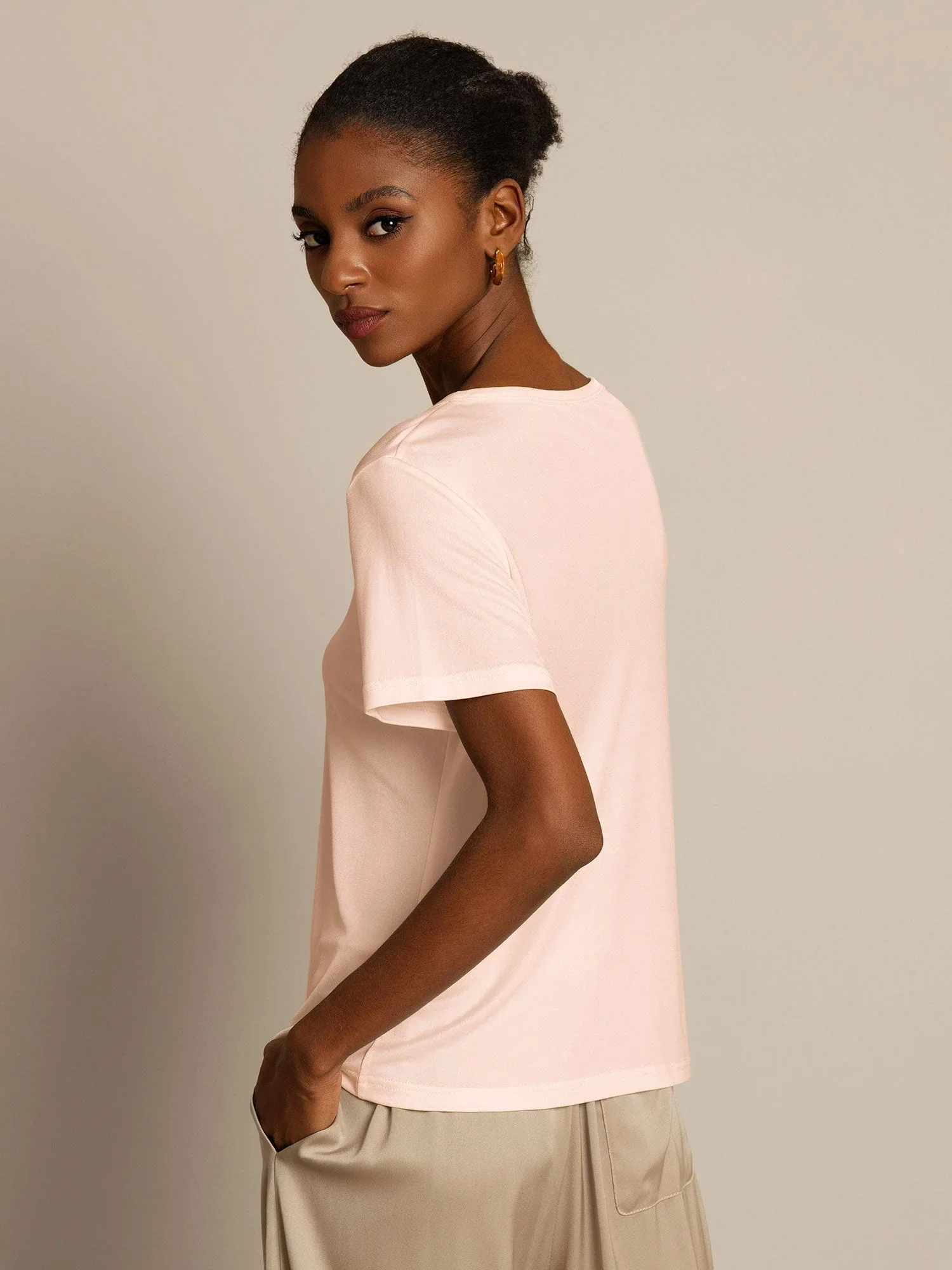 Women's Pure Silk Jersey Short Sleeve Round Neck T-Shirt - Image 37