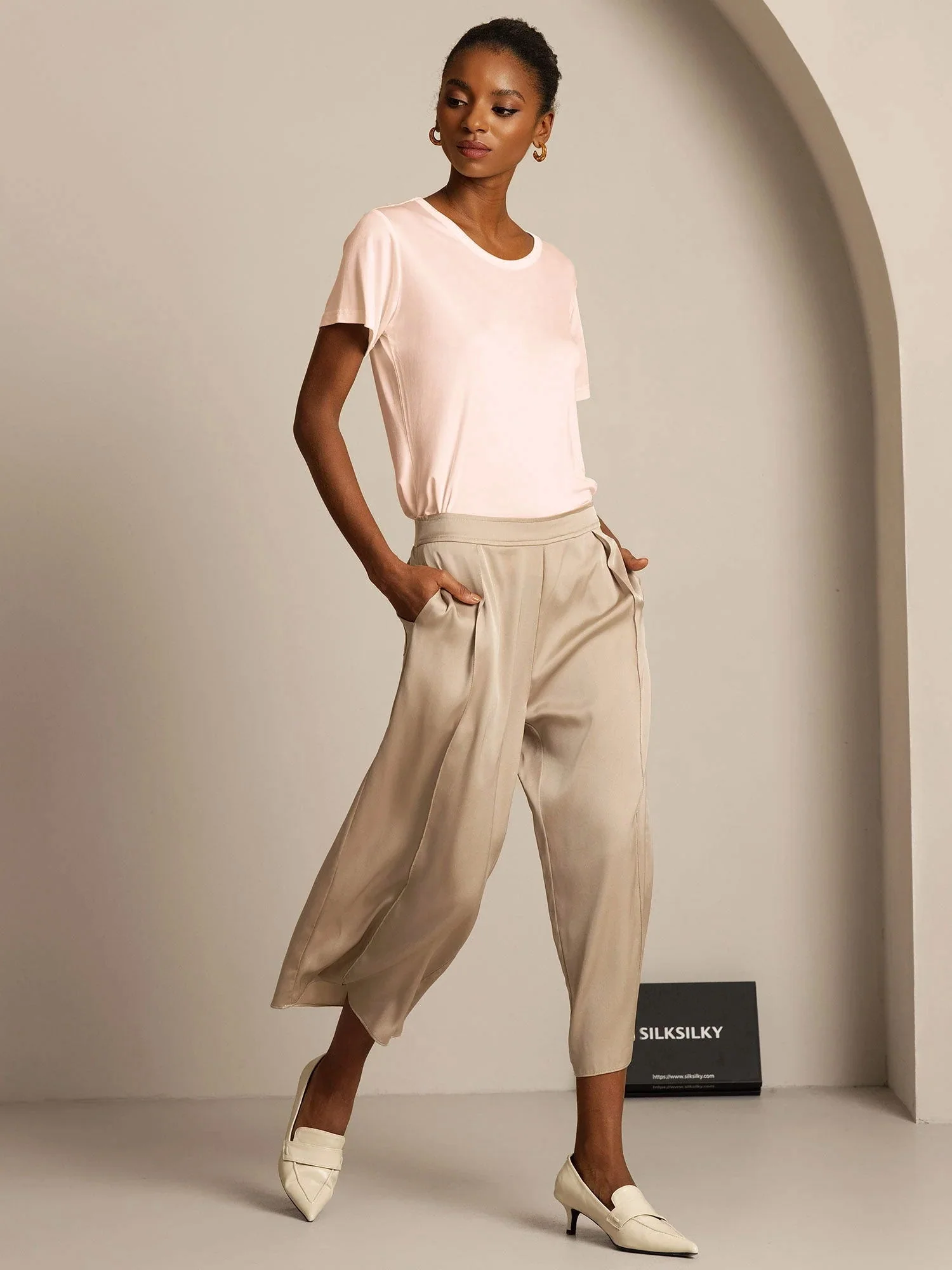 Women's Pure Silk Jersey Short Sleeve Round Neck T-Shirt - Image 42