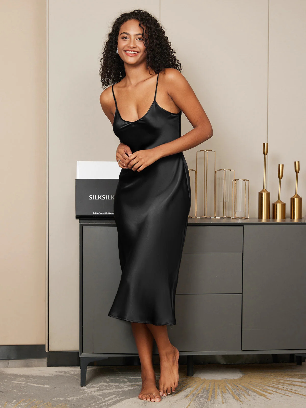 Women's Pure Silk Spaghetti Strap V-neck Midi Nightgown - Image 13