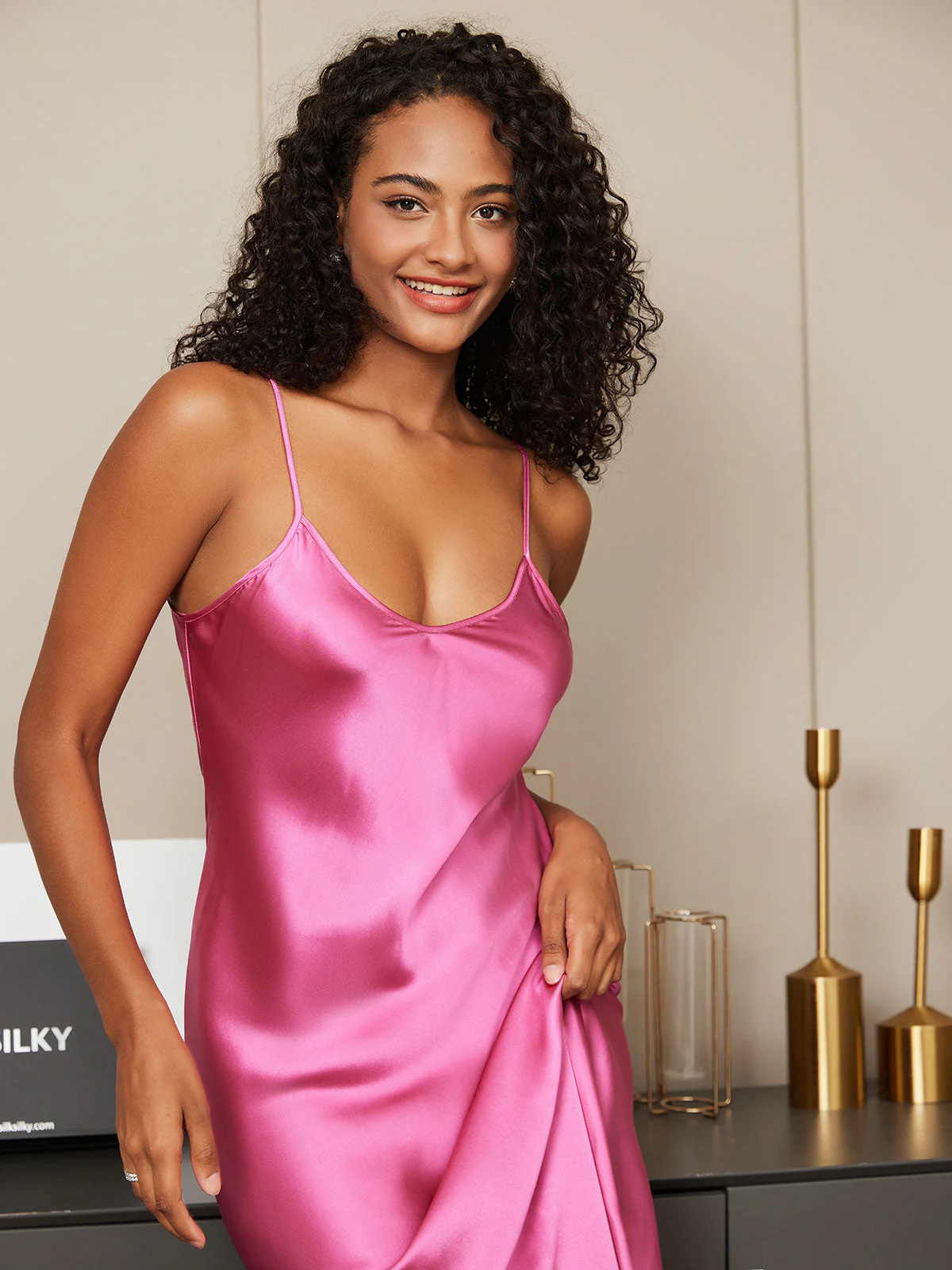 Women's Pure Silk Spaghetti Strap V-neck Midi Nightgown - Image 70
